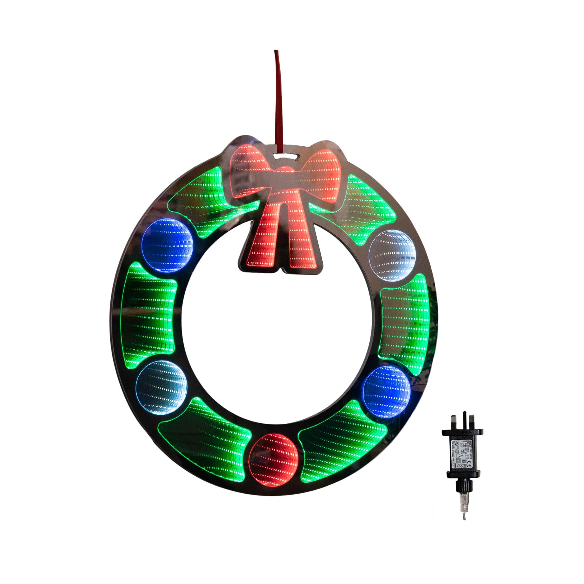 Samuel ALEXANDER 60cm Light up Hanging Christmas Wreath Infinity Mirror with Multi-Coloured LEDs