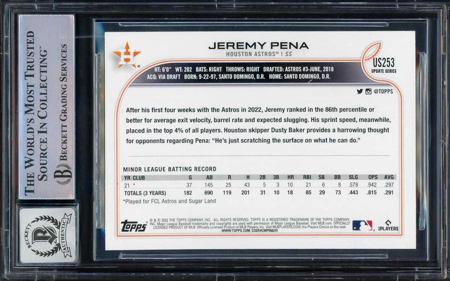 Jeremy Pena Autographed 2022 Topps Update Rookie Baseball Card #US253 Auto Grade Gem Mint 10 Beckett BAS Stock #229007