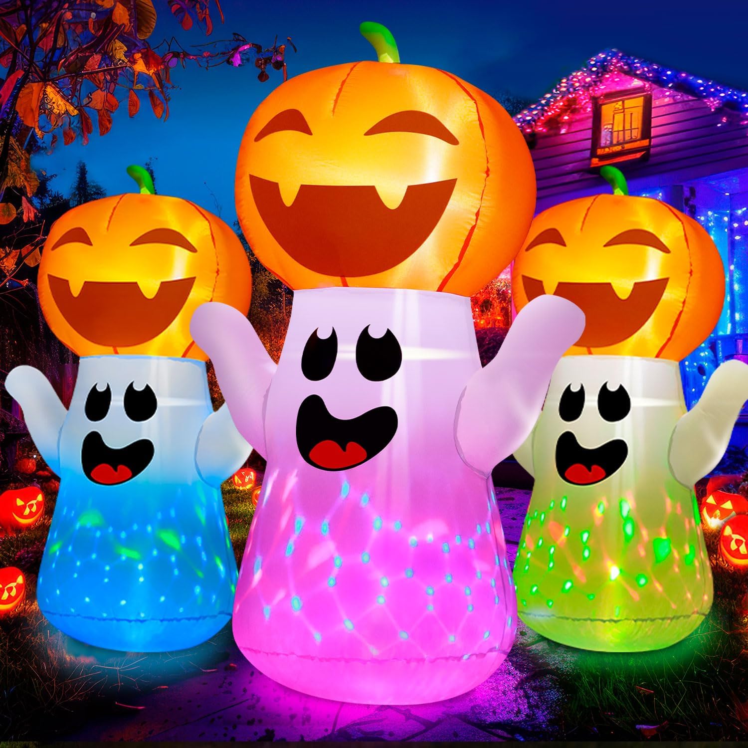 5FT Halloween Inflatables Pumpkin Ghost Built-in 3-Pattern Colorful Flashing Light, Cute Halloween Blow Up Yard Decorations for Indoor Outdoor Home/Holiday/Party/Yard/Lawn (1PCS)