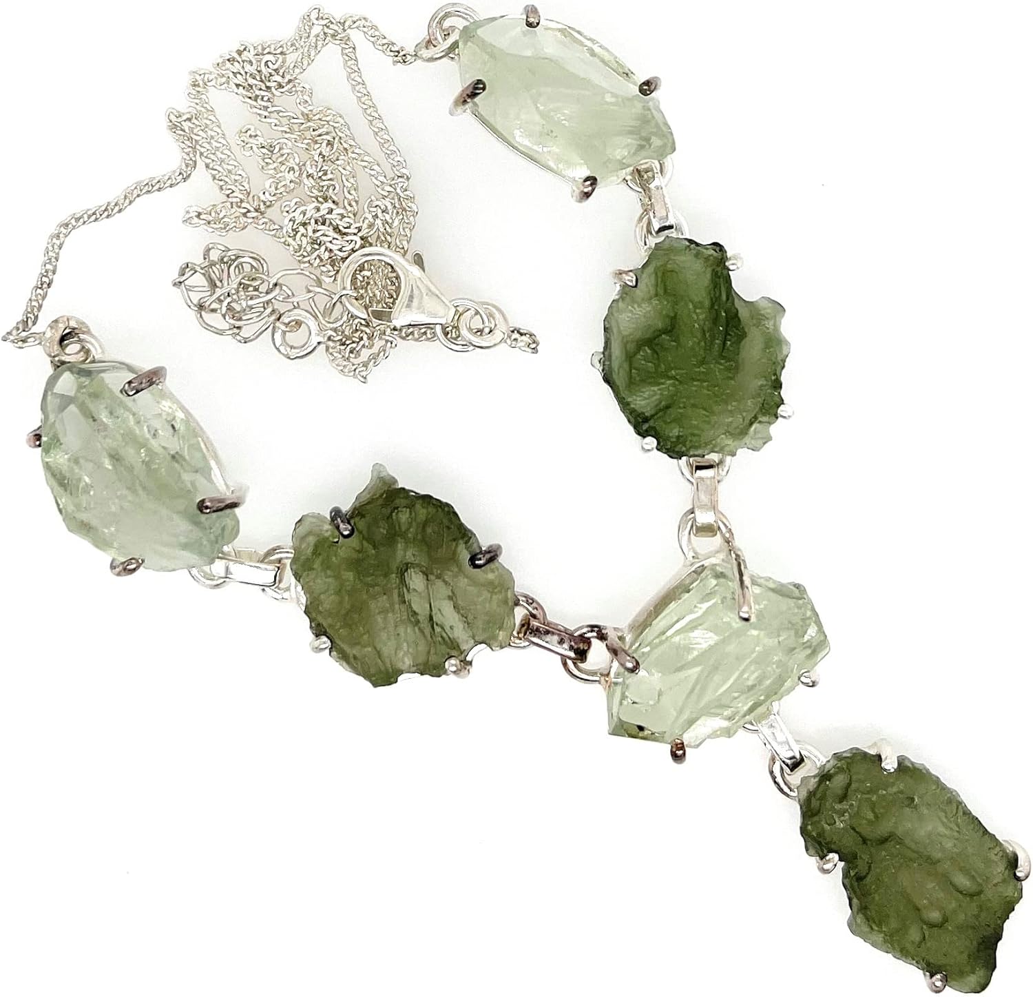 Natural Raw Green Moldavite 925 Sterling Silver Necklace 17" - Image 4