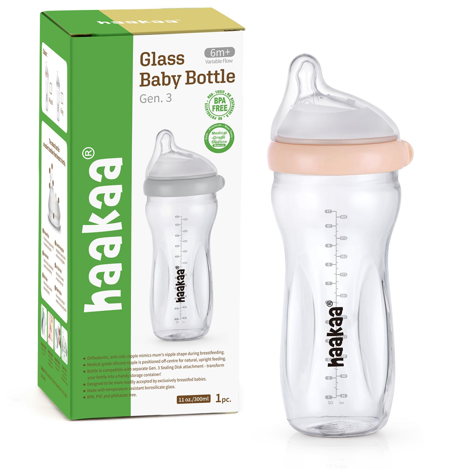 haakaa Gen.3 Natural Glass Baby Bottle 11oz/1PK - Wide Neck Anti-Colic Variable Flow Nipple,Easy to Clean & Latch for 6m+ Breastfeeding Baby Toddler,