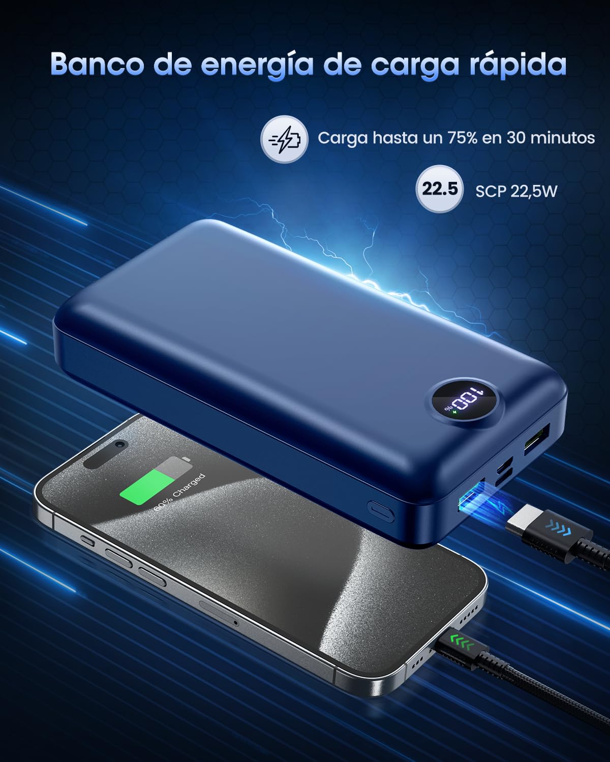 Power Bank 50000mah, 22.5W Bateria Externa Carga Rapida Portatil Camping,USB-C con 3 Salidasy 2 Entradas, Pantalla Led, Gran Capacidad Compatible con iPhone iPad, Android Azul