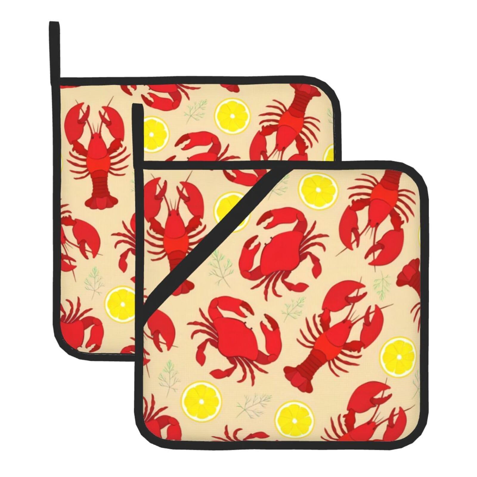 YYHWHJDE Lobster and Crab Prints Square Hot Pads for Kitchen Counter - Waterproof Pot Holders with Hanging Loop, Durable Trivets for Microwave Oven - 2 Pack