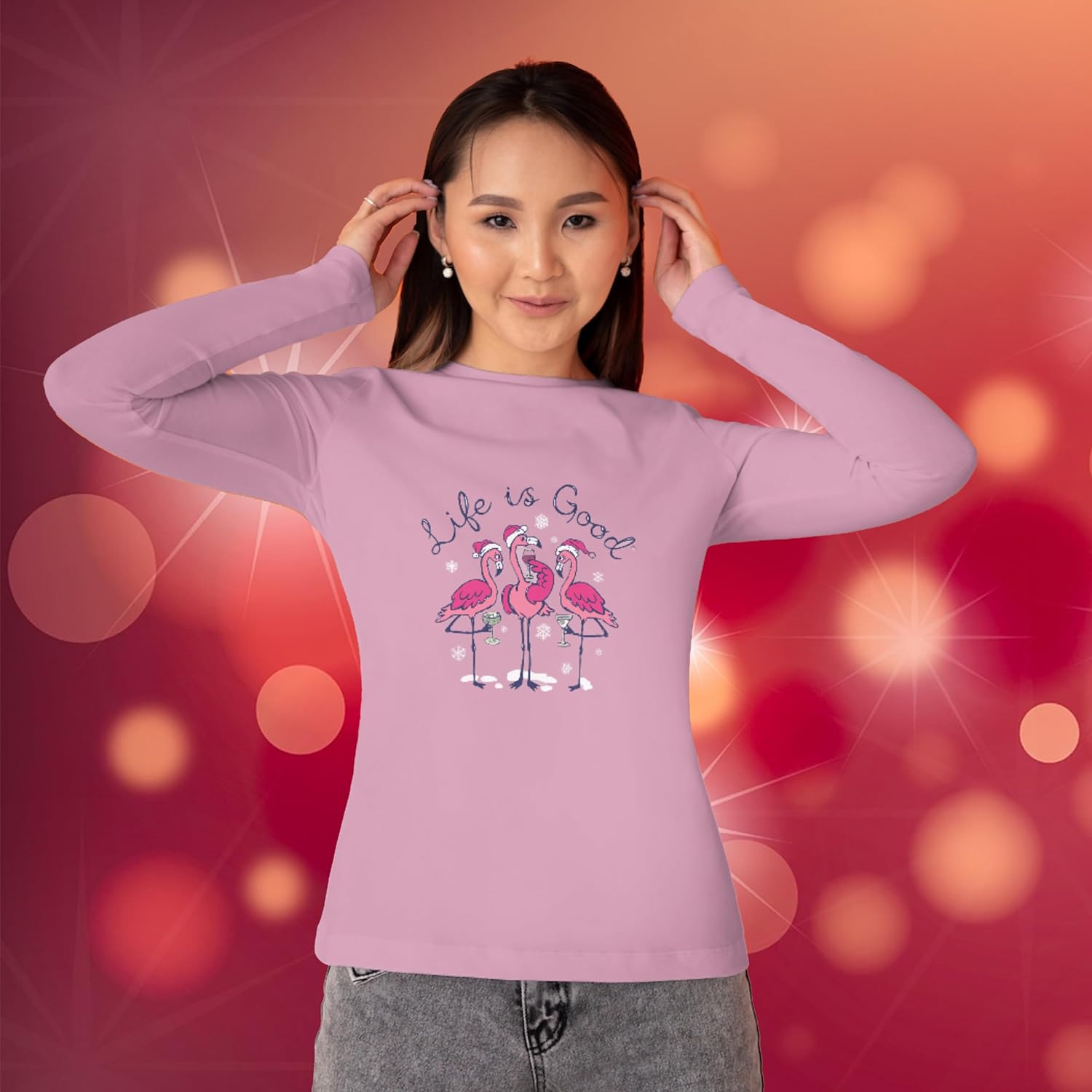 Life is Good Flamingo Holiday Cocktails Cotton Tee, Shortsleeve Graphic Crew Neck T-Shirt