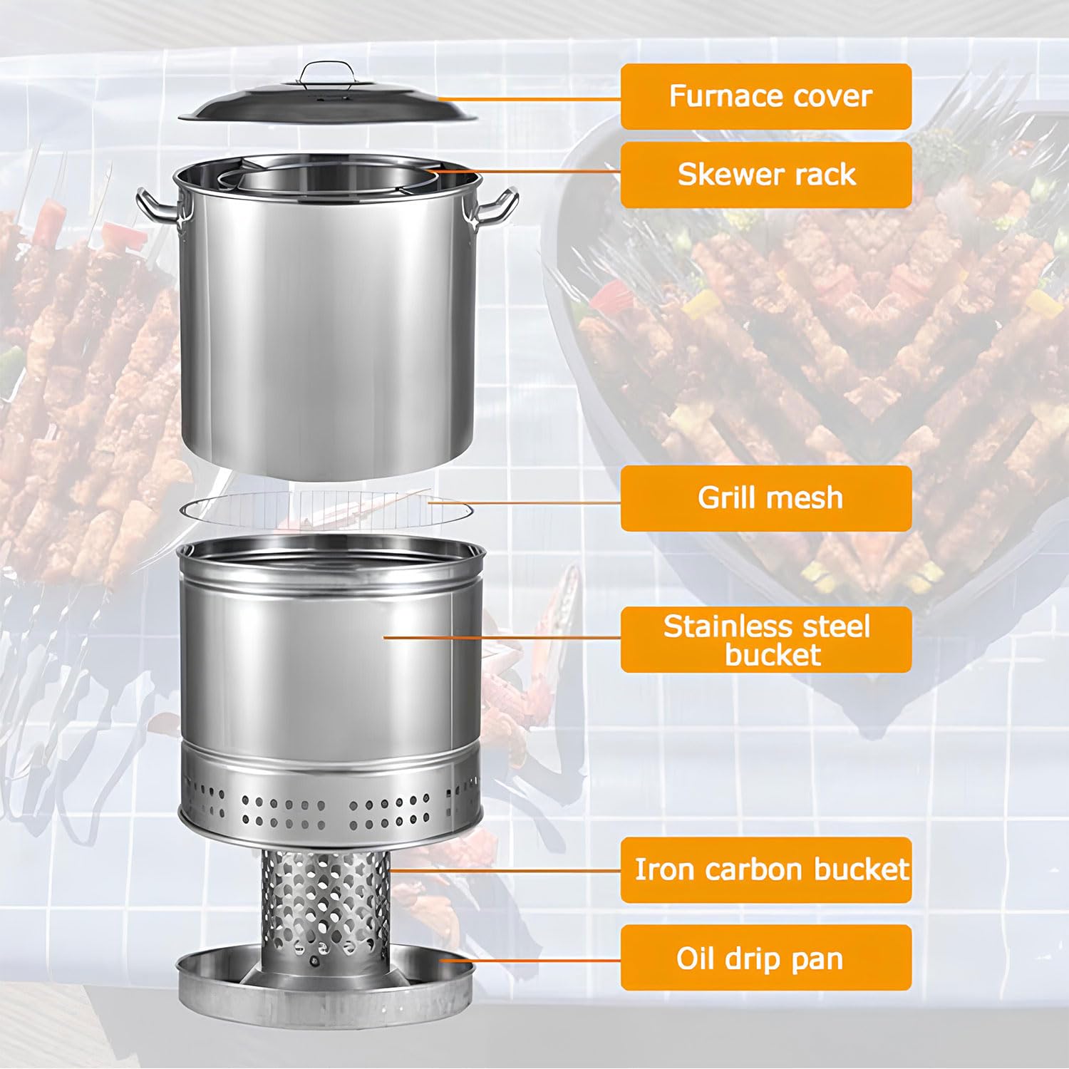 Parrillas de carbón portátiles grandes, parrilla de barbacoa de carbón inoxidable 360° sin humo al aire libre parrilla para viajes, cocina al aire libre y barbacoa, parrilla de camping, picnic 7