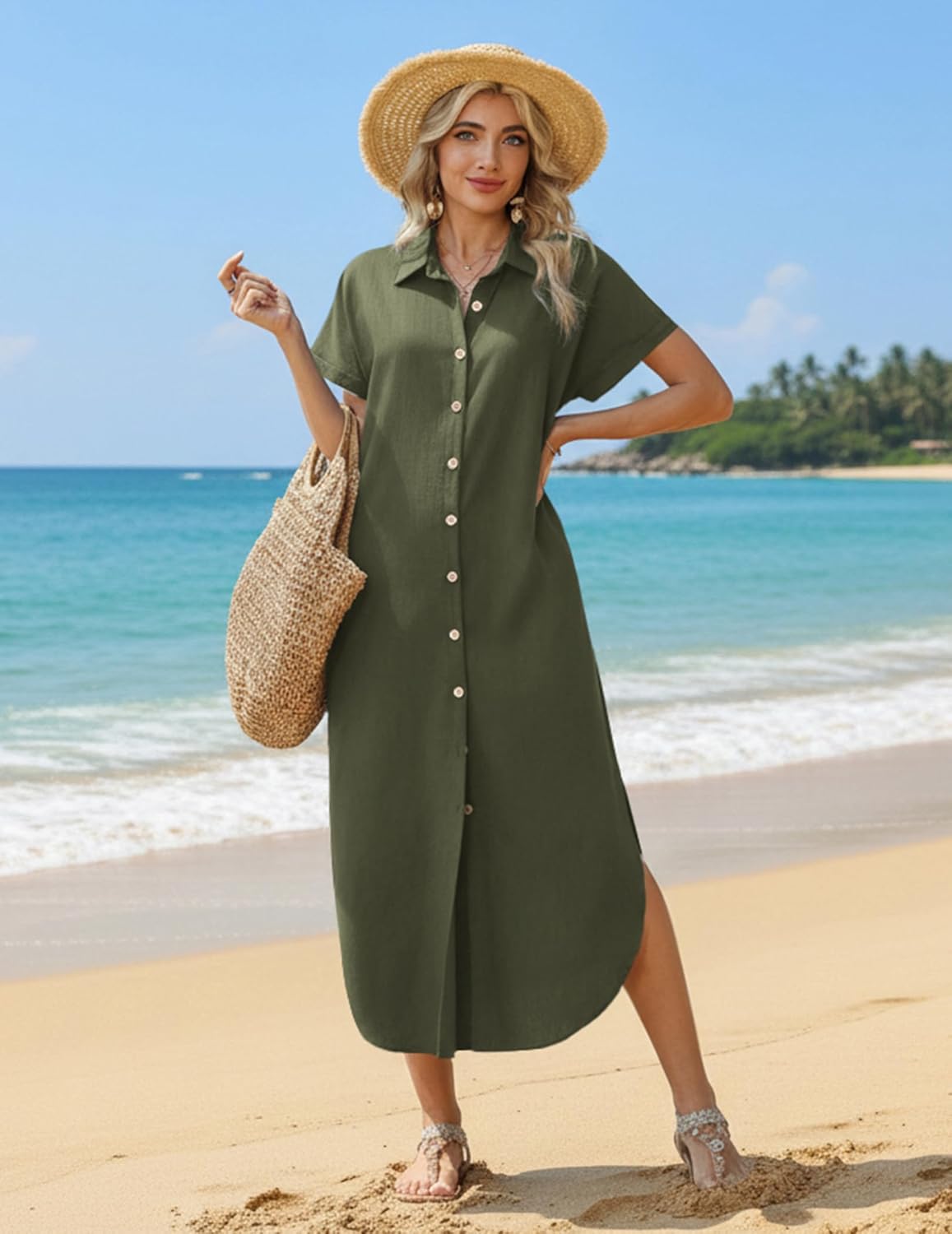 Zeagoo Womens Summer Casual Short Sleeve Button Down Long Shirt Dresses Loose Swimsuit Beach Cover Ups with Pockets - Image 3