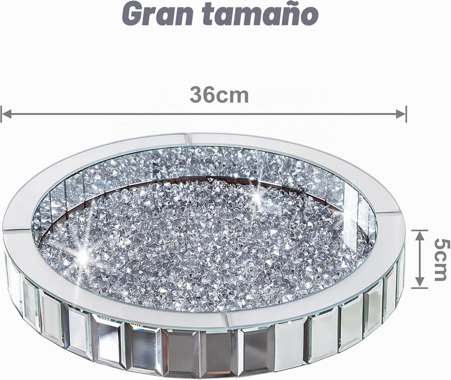 SHYFOY Bandeja Decorativa con Espejo, Bandejas Decorativas Modernas de Cristal de Diamante Triturado, Bandeja Redonda Grande de Plata, Organizador de Maquillaje de tocador para tocador, Diámetro 35cm