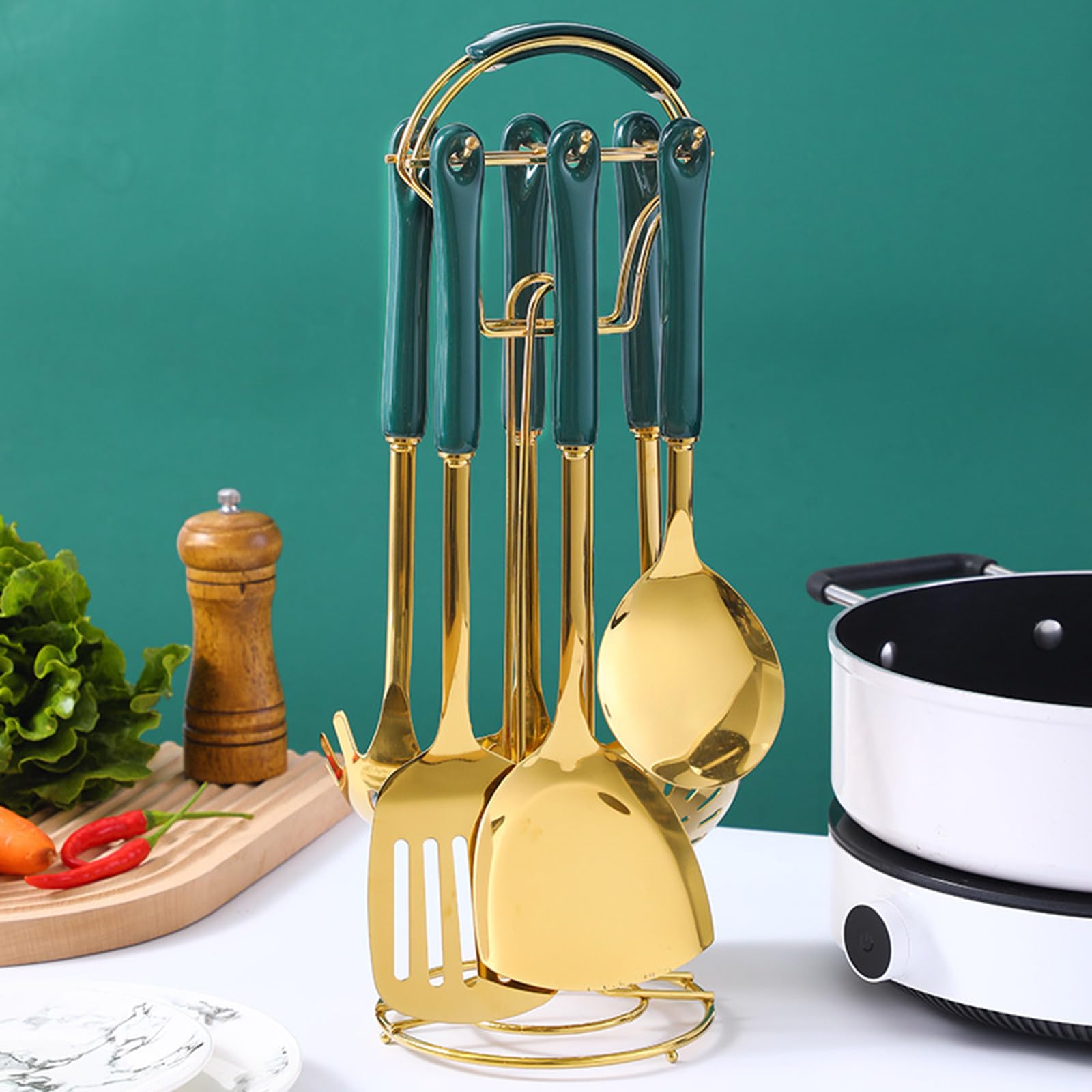 Juego De Utensilios De Cocina De 7 Piezas con Soporte, Mango De Cerámica Antiadherente Resistente Al Calor, Juego De Utensilios De Cocina De Acero Inoxidable, Utensilios De Cocina