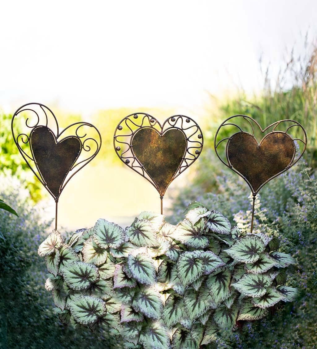 Wind & Weather Set of Three 12-Inch Wide by 27.5-Inch High Elegant Heart-Shaped Garden Stakes Handcrafted from New and Reclaimed Metal by Balinese Artisans in Three Different Designs