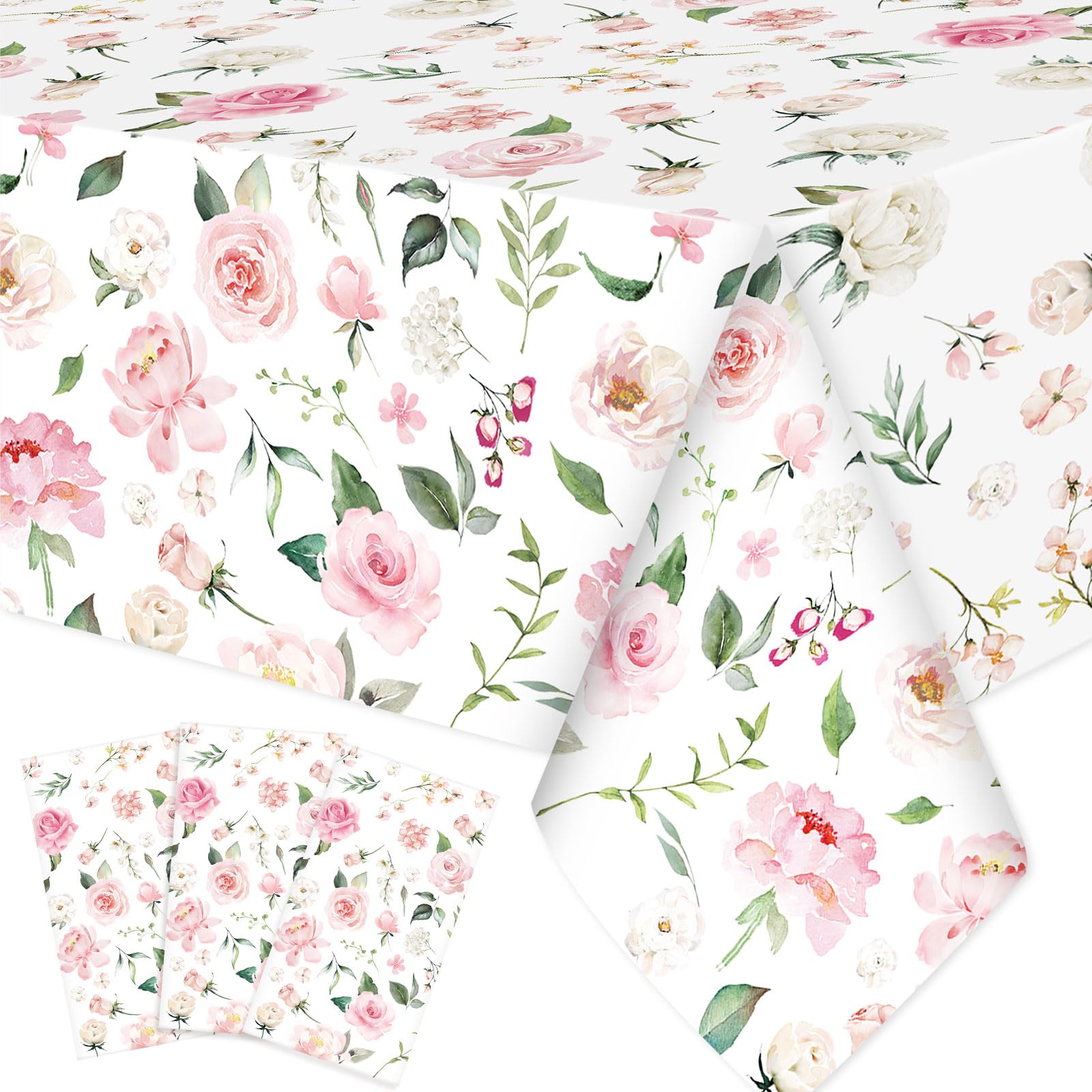 Ganeen 3 Pcs Pink Floral Tablecloth Disposable Rectangular, 54 x 108 Inch