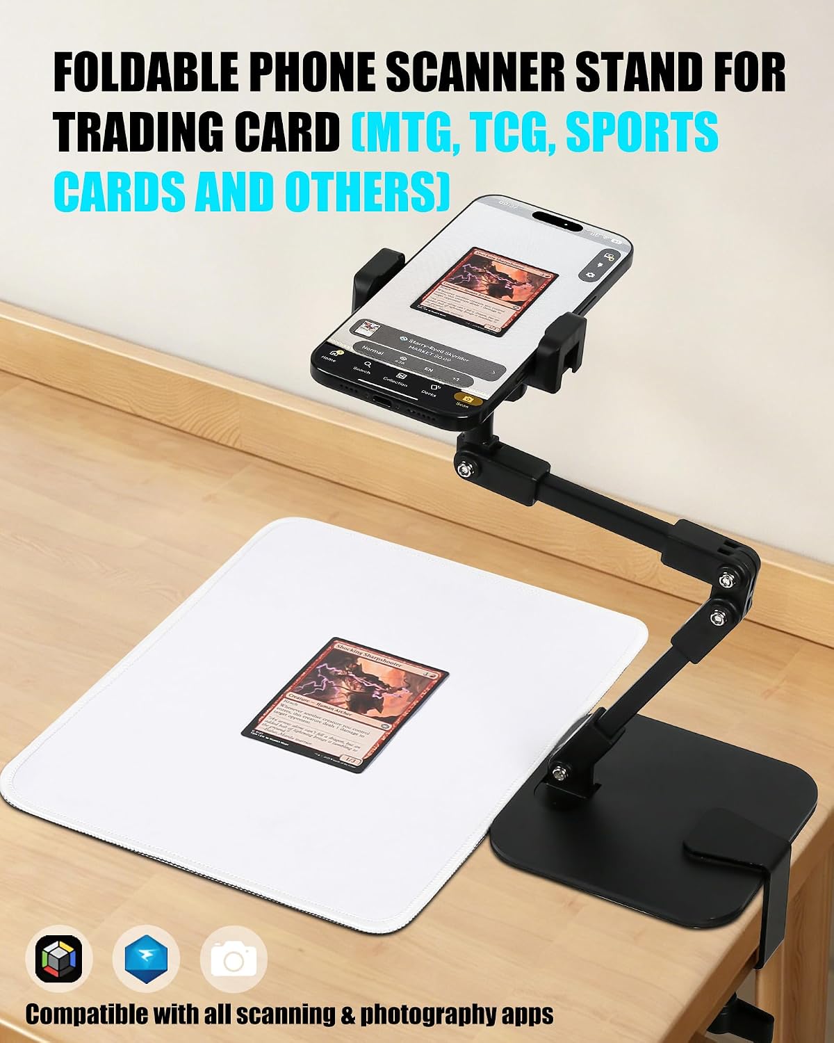 Card Scanner for Trading Cards–MTG, TCG & Sports Cards, Desktop Stand for Scanning, Streaming, Selfies & Overhead Shooting, Phone Holder for Scanning Cards with ManaBox–Thickened Base & C-Clip