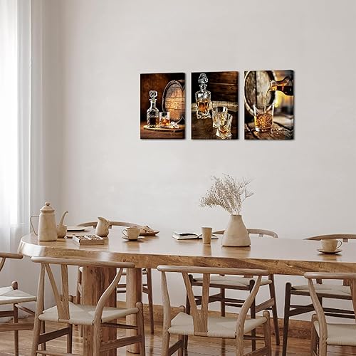 Miniatura 2 de LyerArtork 3 piezas de arte de pared de whisky, impresiones en lienzo de whisky vertido en vidrio de vino, barriles marrones, cuadros vintage de bar