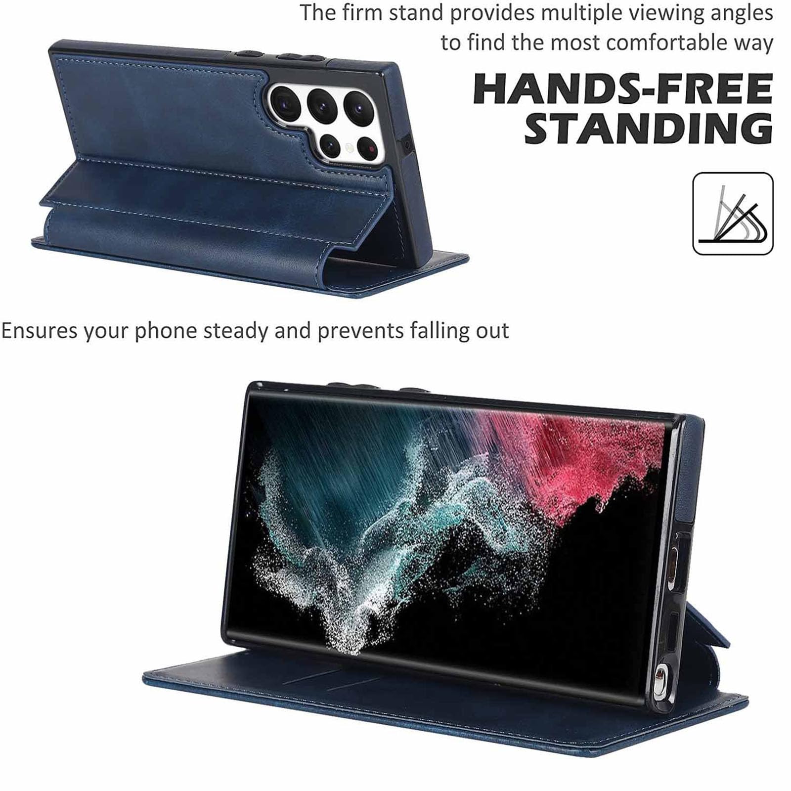 Składane etui do Samsung Galaxy S23 Ultra/S23 Plus/S23, ultracienkie, biznesowe skórzane etui z podstawką, miękkie, odporne na zarysowania i przegródki na karty, etui na telefon komórkowy, niebieskie,