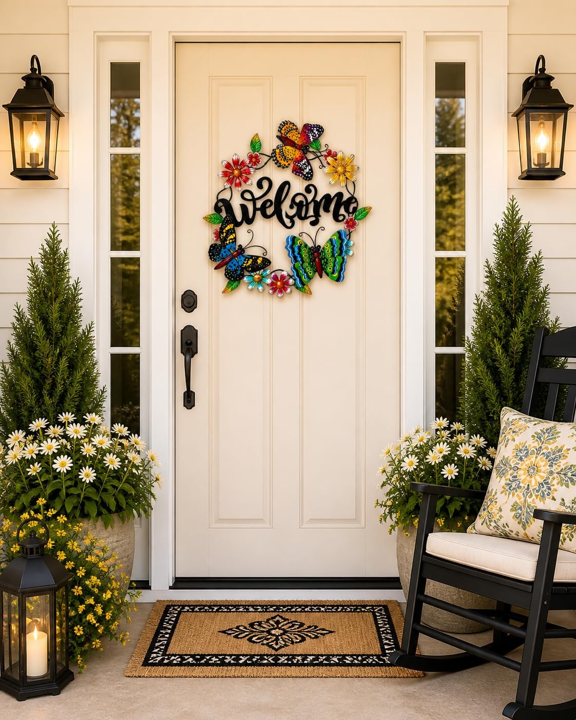 Welcome Butterfly 3D Metal Sign Wreath Large Wall Door Garden Indoor Outdoor Decor (20" D)