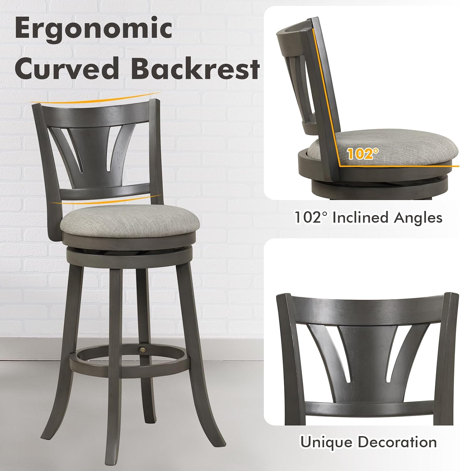 COSTWAY Bar Stool, 30.5” Swivel Bar Height Bar Stool with Curved Backrest & Soft Cushioned Seat, Solid Rubber Wood Legs & Round Footrest, for Kitchen Island, Bar, Gray (1, 30.5 Inch)