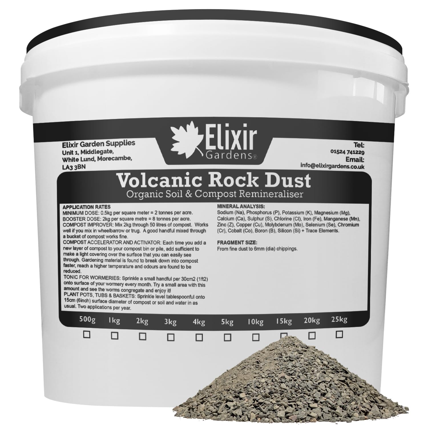 Elixir Gardens | Volcanic Rock Dust | Organic Fertiliser & Soil Remineraliser | 500g-25kg Options Available | 10kg Resealable Tub | Treats 20sqm