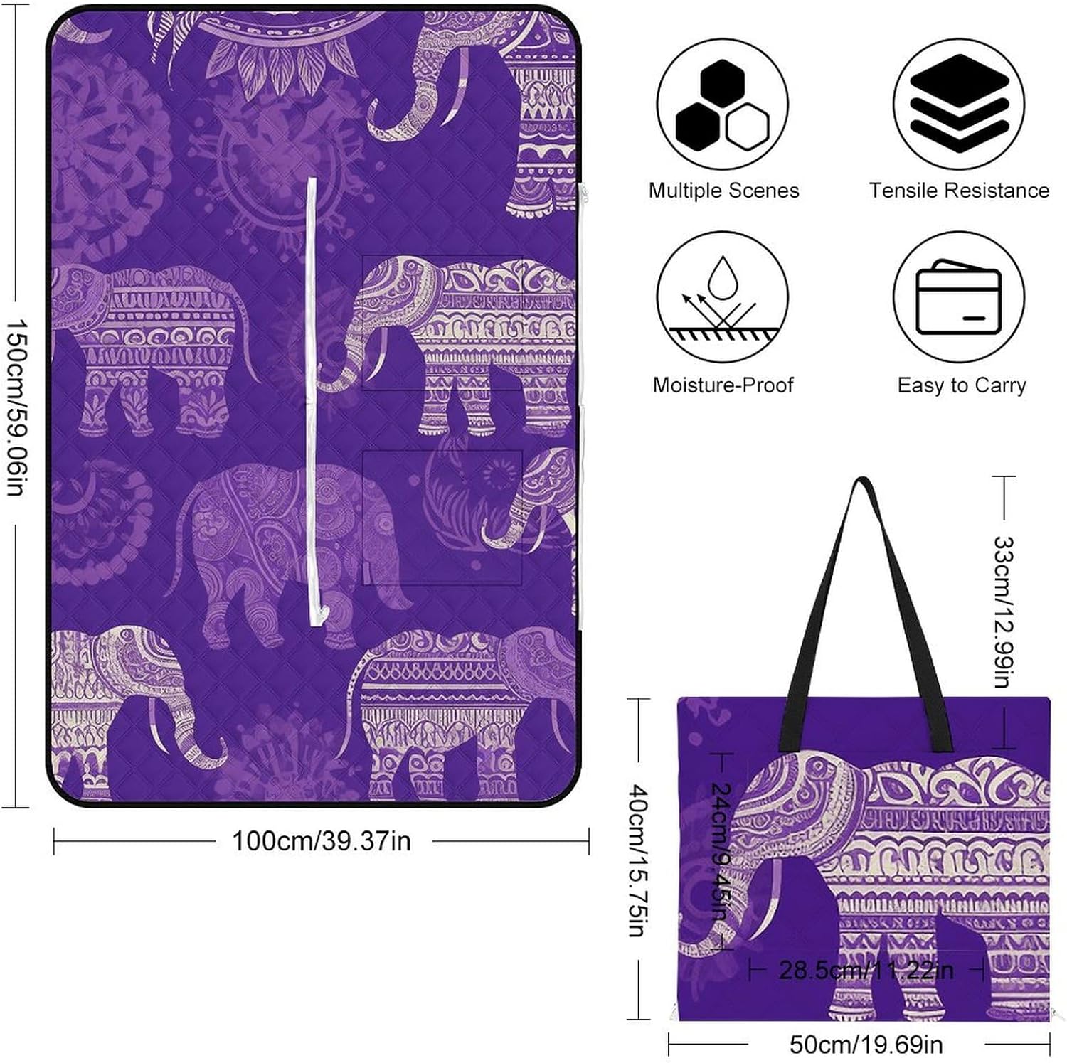 Picnic Blankets Waterproof and Foldable Picnic Beach Mat Portable Purple Elephant Camping Blanket for Camping, Park, Beach