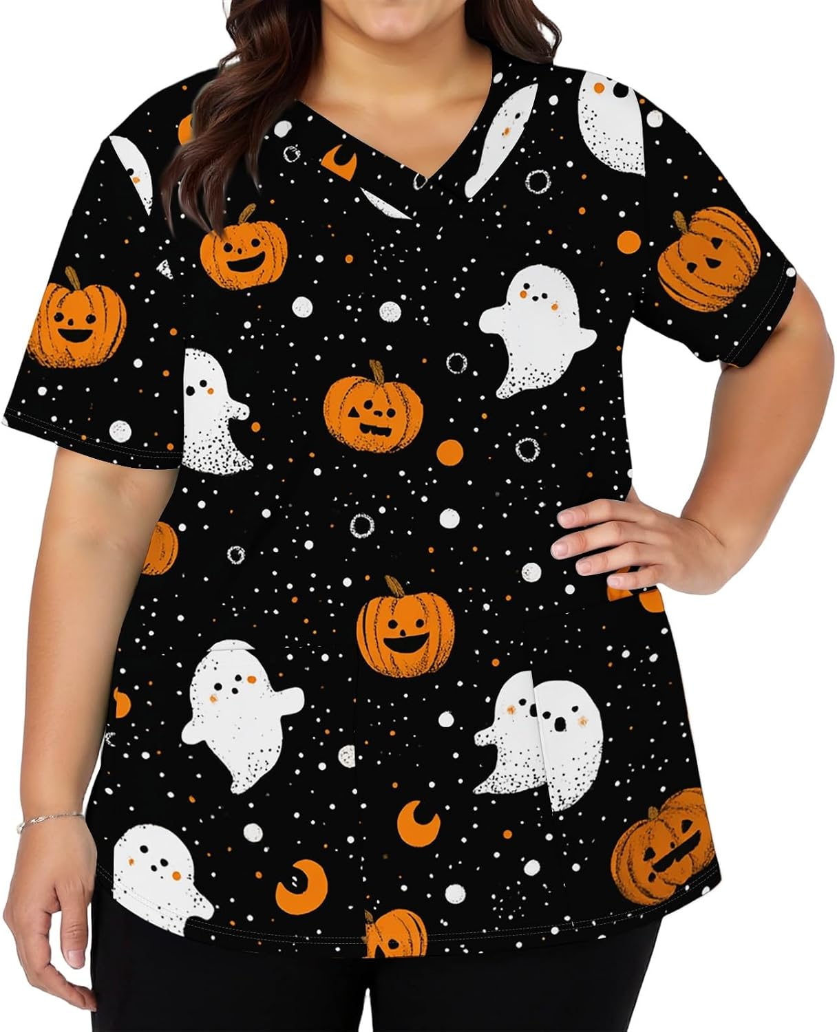 Women's Scrubs Printed Scrub Tops Plus Size Stretch Nursing Scrubs Fall Medical Workwear with Pockets S-5XL