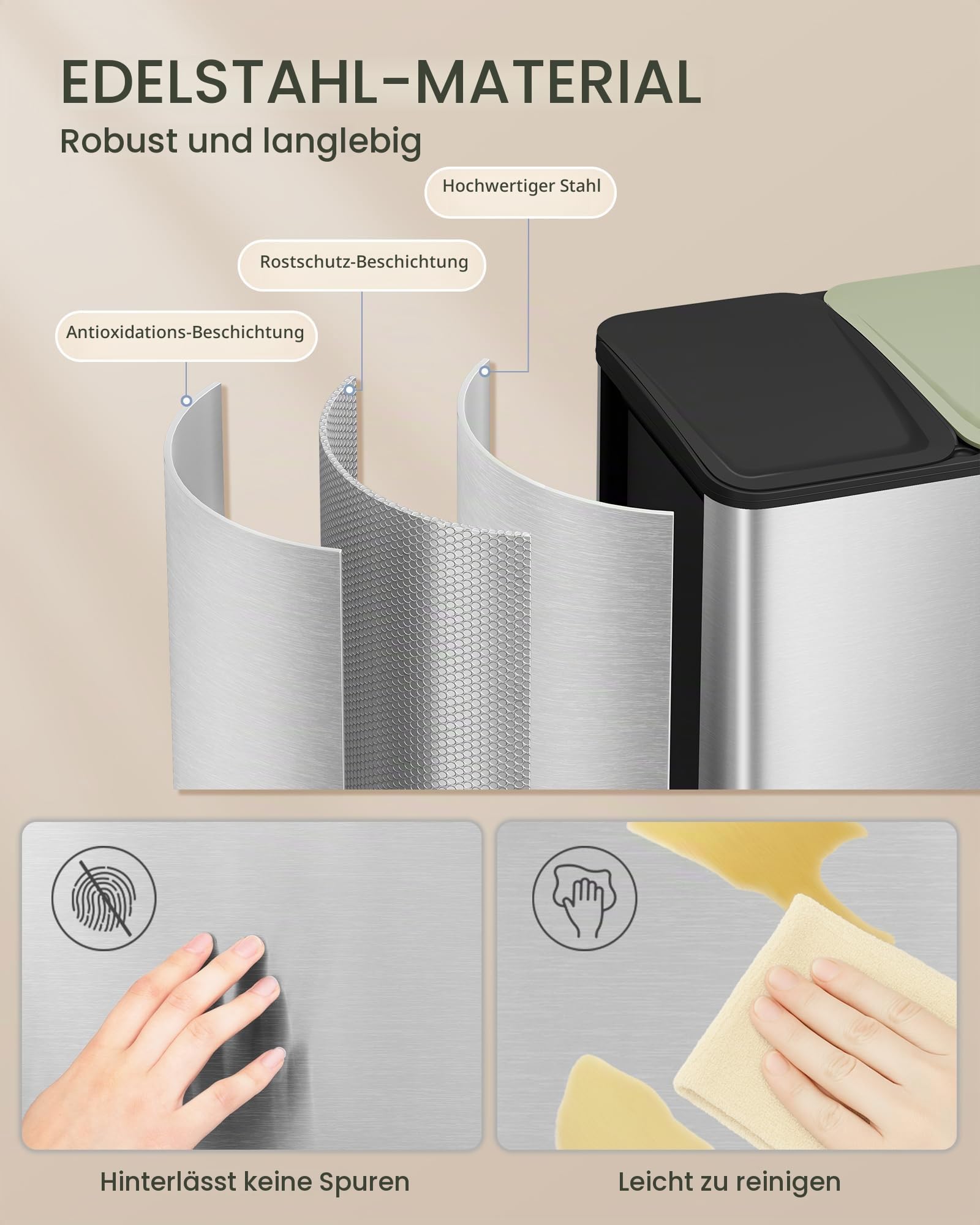Hzuaneri Mülleimer Küche, 3 x 18 L, Mülltrennsystem 3 Fächer, Mülleimer mit Farbigem Soft-Close-Deckel und Pedal, Küchenabfalleimer mit Inneneimer, Stahl, inklusive 15 Müllbeuteln, Silber SW31899E