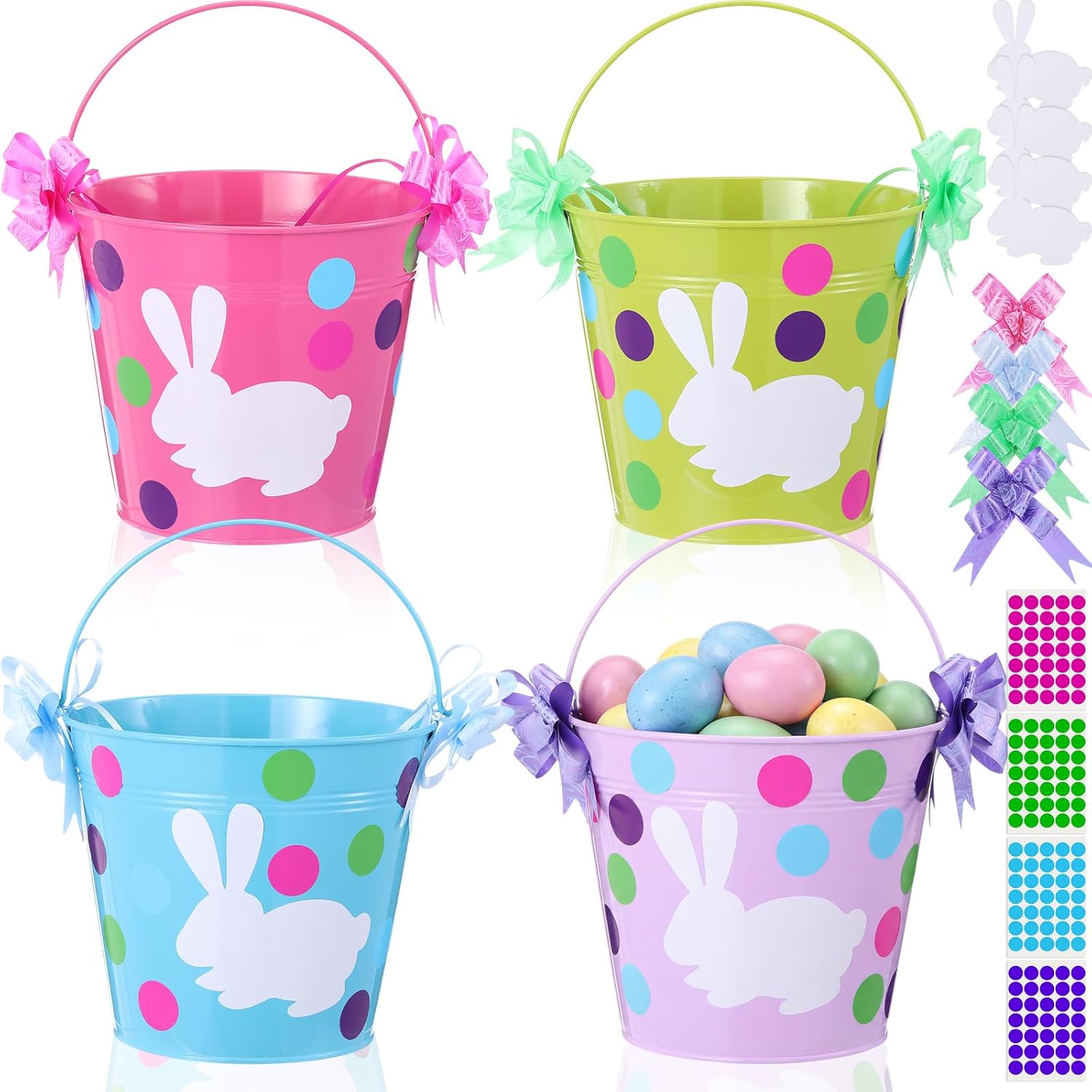 Yungyan 4 Pcs Easter Basket 7 Inch Metal Buckets with Polka Dot and Bunny Stickers Pull Bow for Easter Egg Hunts Party Favors Gifts Decor