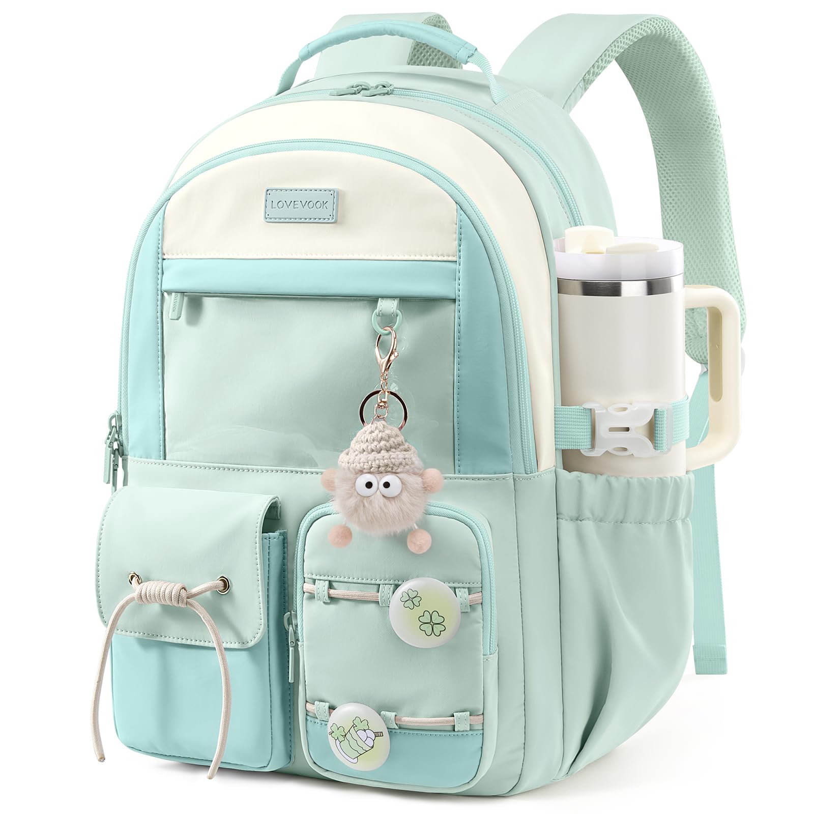 LOVEVOOK School Backpack for Girls Ages 8-16,Cute Student Bookbag for Kids | Back to School Backpack with Cup Holder,DIY Ita Bag Fit 15.6 Inch Laptop for Elementary & Middle School,Clear Display Pocket Cyan&beige 15.6 inch