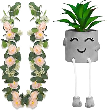 Zerzsy Artificialplant Succulents in Cement Pots and 2 Pack Faux Flower Garland Plant,Artificial Plant Decoration for Home Office Desk Decor and Gift Choice