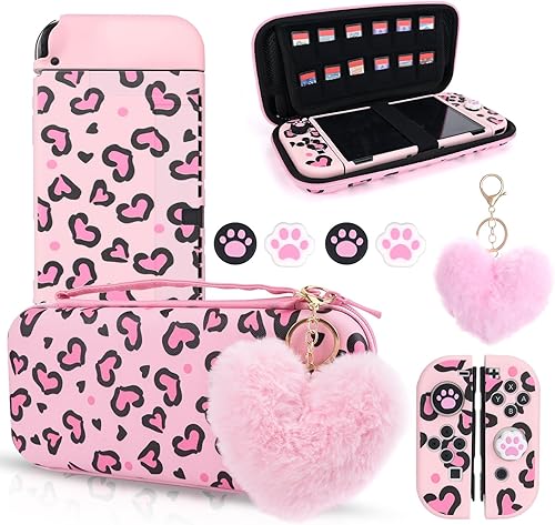 DLseego Pink Love Leopard Carrying Case for Switch OLED, Cute Silicone Protective Soft Cover with 4PCS Thumb Grip Caps and Pink Plush Heart Pendant
