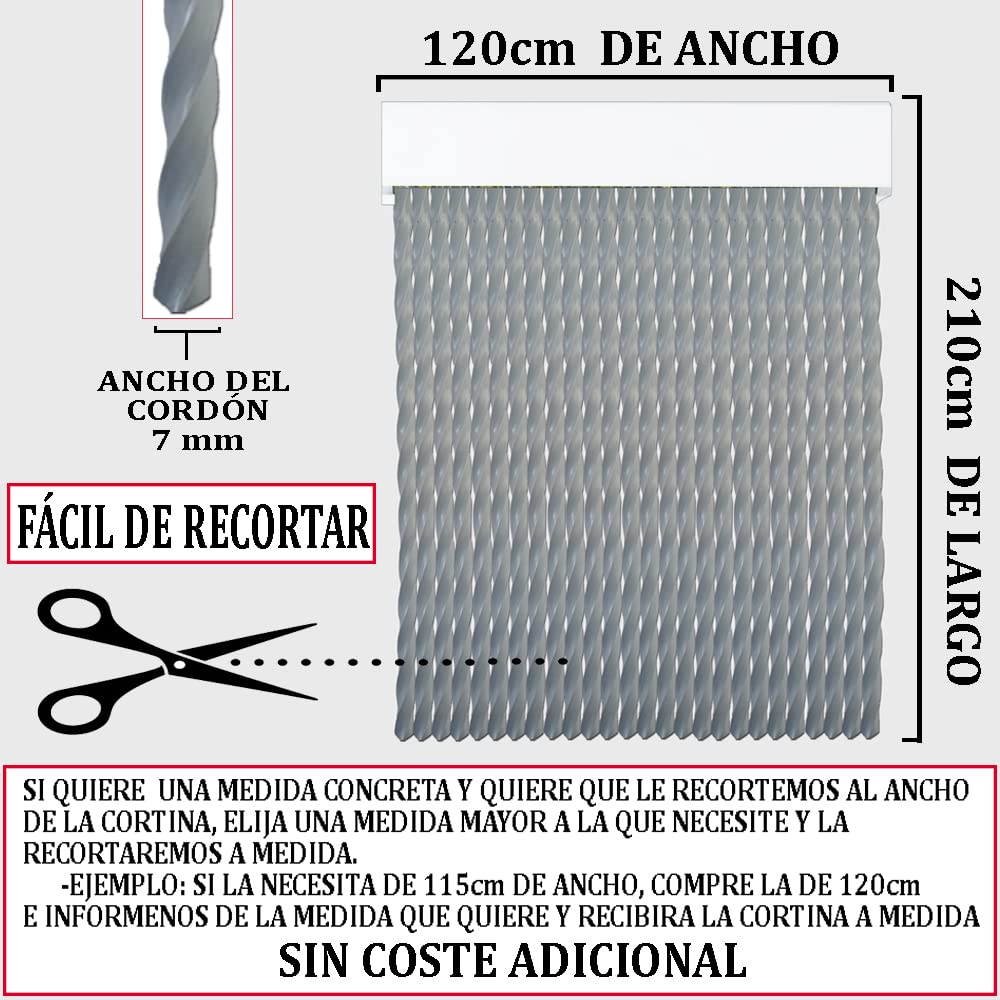 Cortinas - Tenda in corda per esterni, in plastica PVC e barra in alluminio, ideale per terrazze e verande, anti-mosche, grigio, 210 x 120 cm