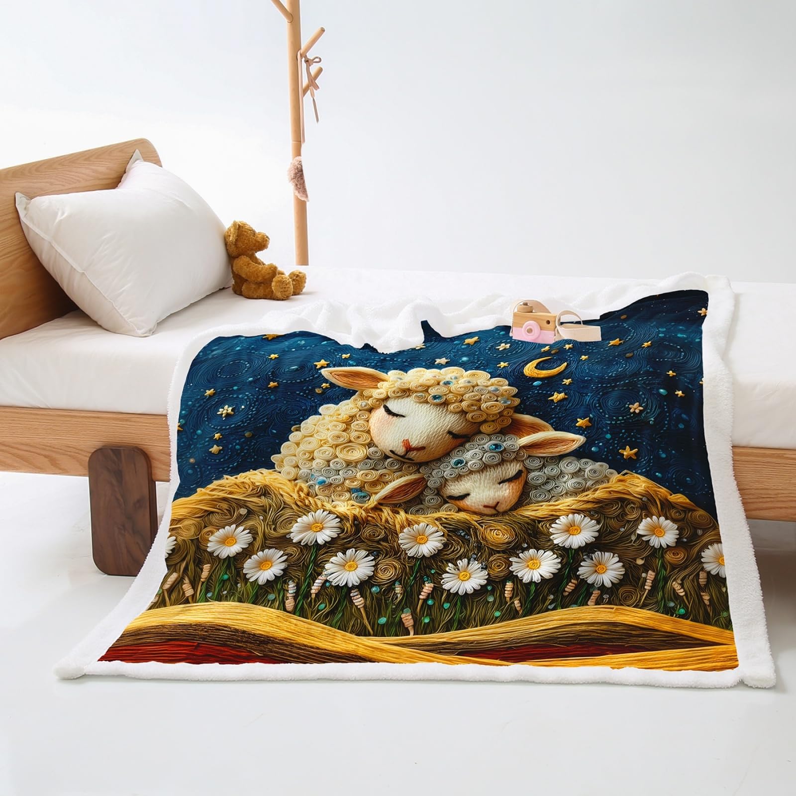 Plaid animaux bleus de lune en polaire et laine 130x150cm