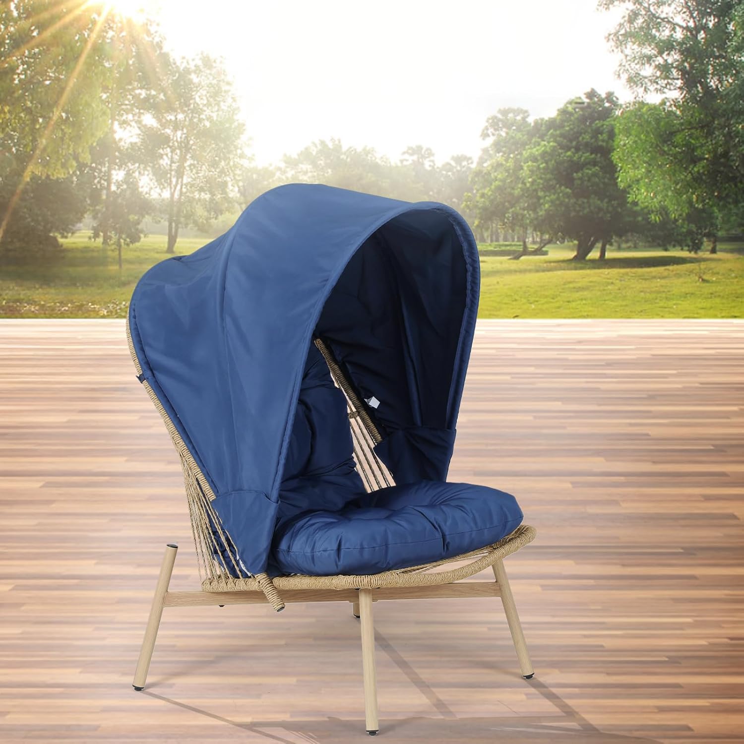 Magshion Patio Egg Chair with Canopy, Indoor Outdoor PE Rattan Basket Chair with Cushion, Steel Frame Lounge Chair for Outside Balcony Garden Backyard Porch, Blue