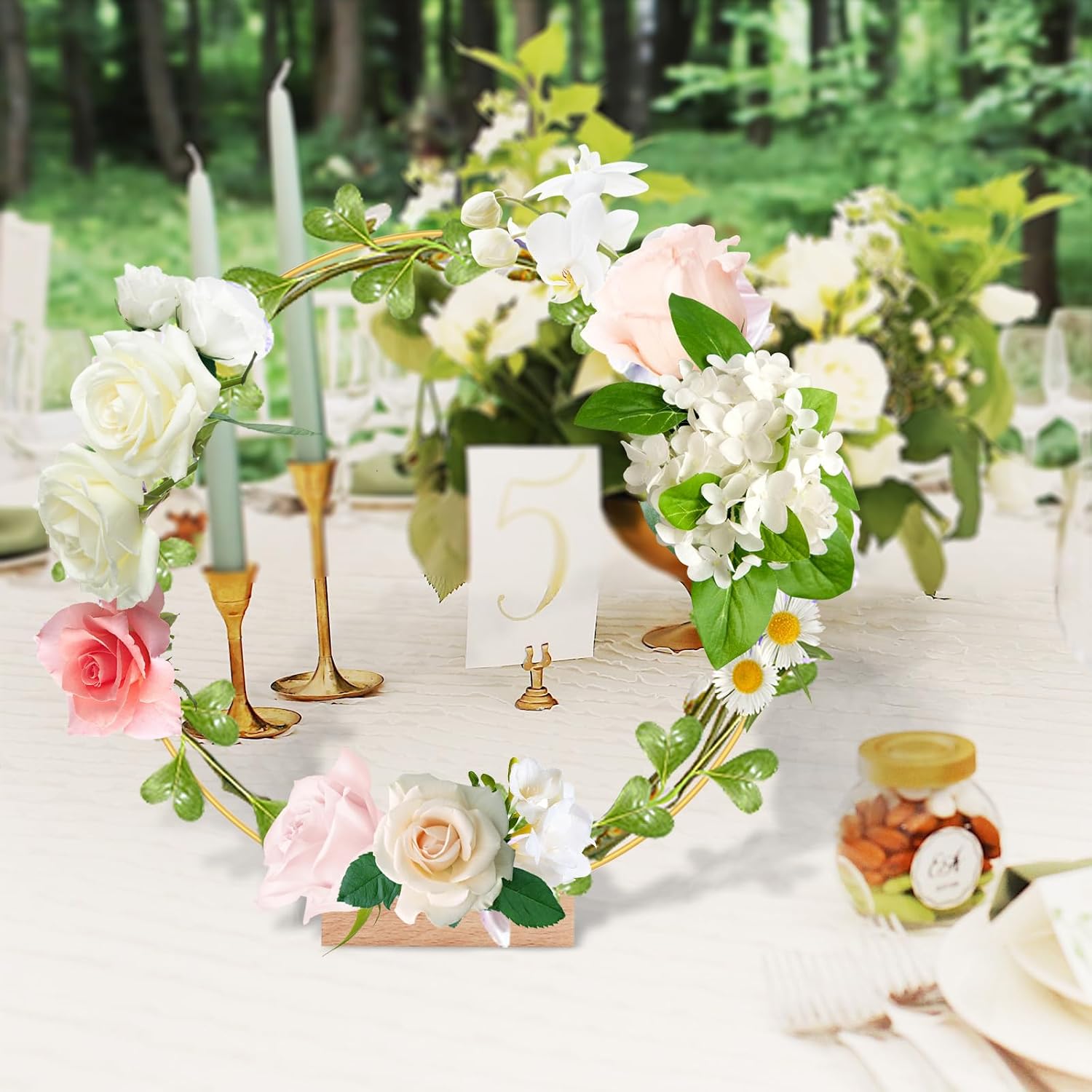 trophable 15Pcs 12 Inch Metal Floral Hoop Centerpiece with 15 PCS Wood Place Card Holders and Adjustable Foot Pads, Gold Wreath Macrame Hoop Rings Decorations for DIY Wedding Party Table Decor