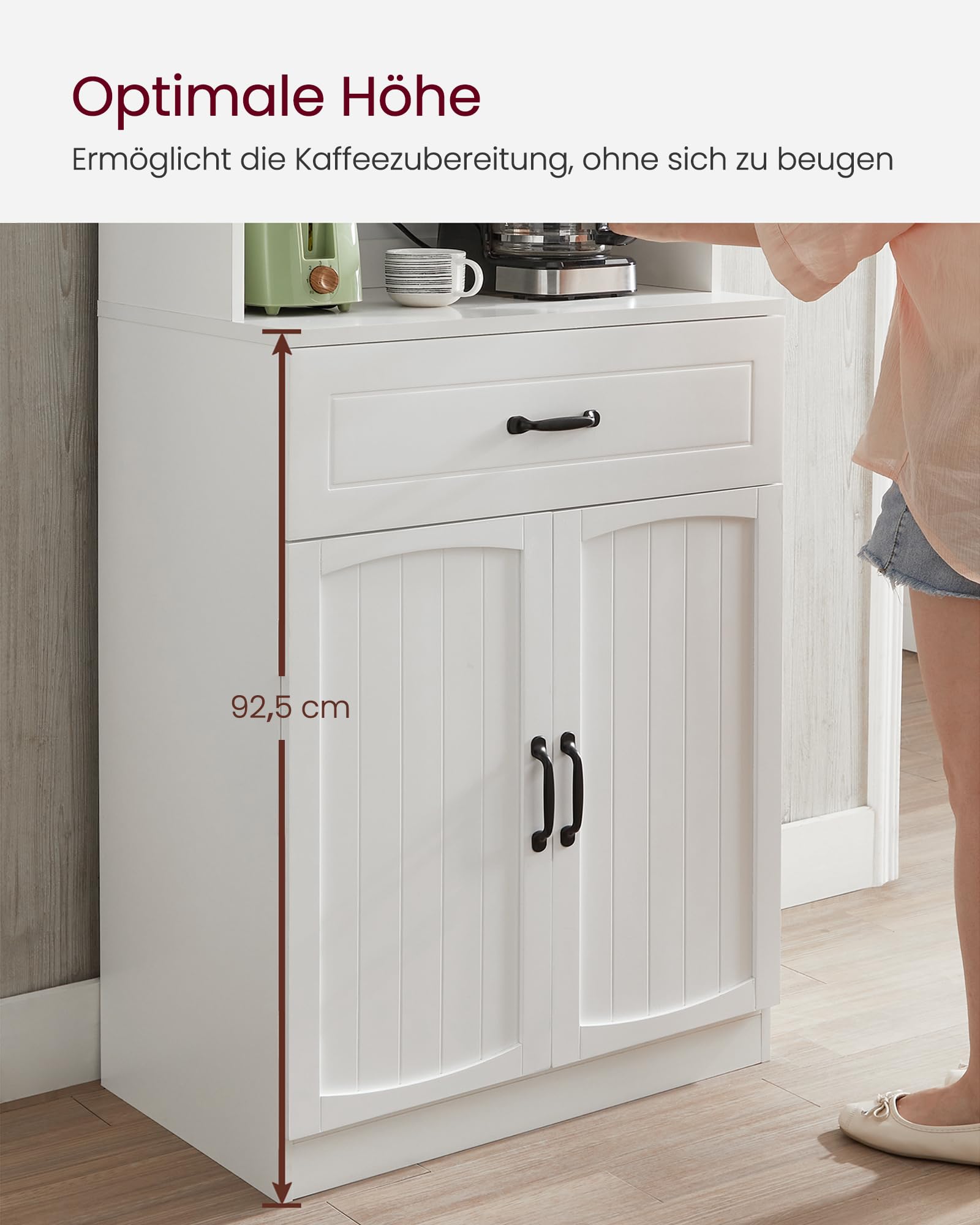 VASAGLE Küchenschrank, Mehrzweckschrank, Vorratsschrank, mit verstellbaren Einlegeböden, für Mikrowellen geeignet, Schublade, Glastüren, Kabelloch, moderner Stil, weiß LSC361W21