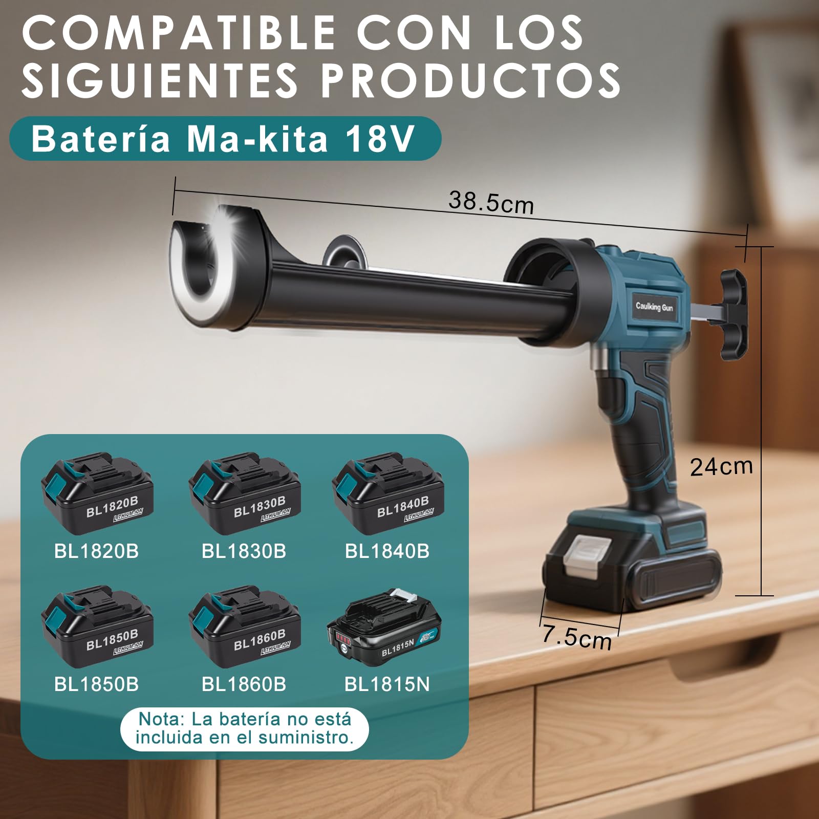 Pistola de cartuchos de batería compatible con Makita batería de 18 V, luz LED, pistola de calafateo eléctrica, pistola de silicona para cartuchos de 300-310 ml (sin batería)