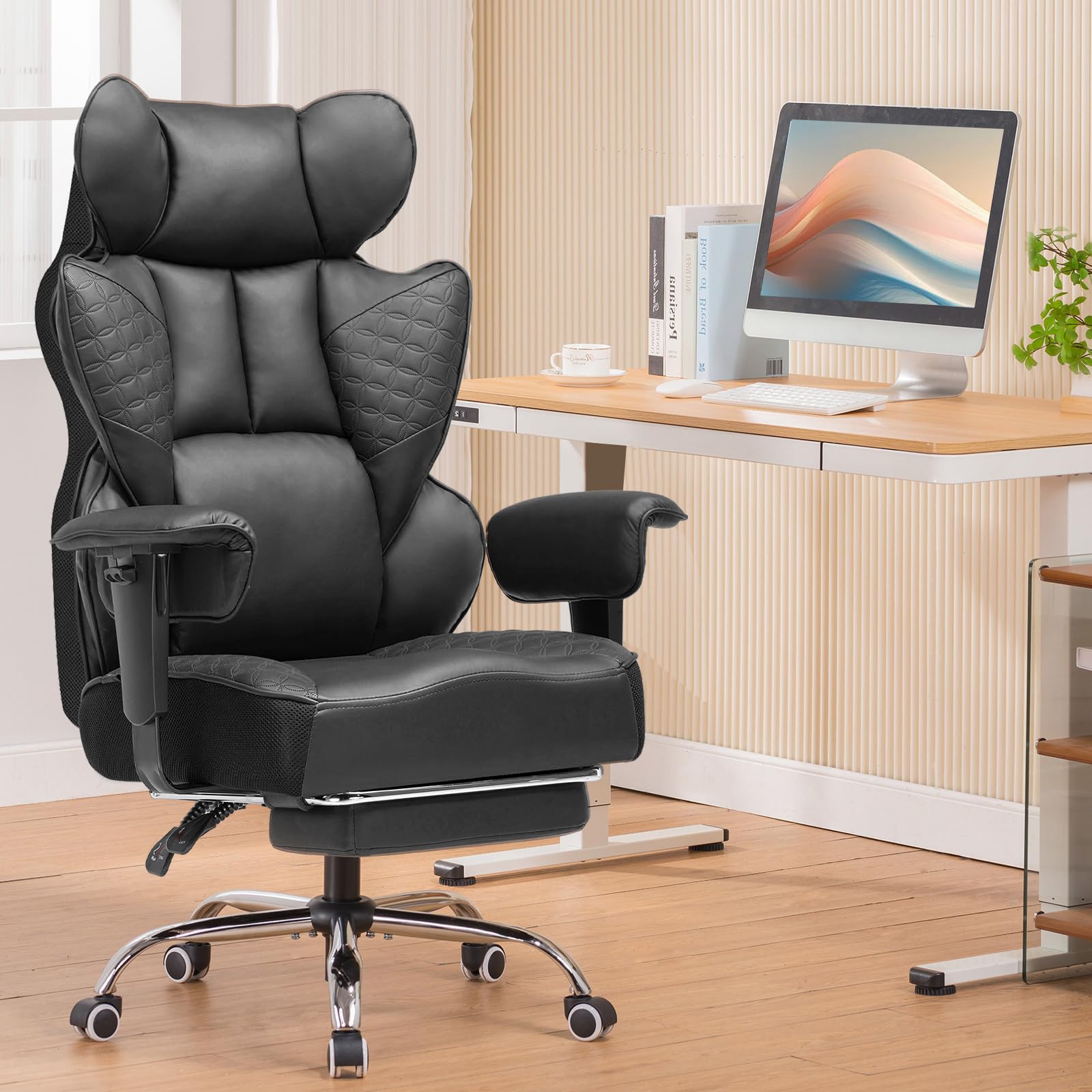 COMHOMA Chaise de gaming ergonomique, chaise de bureau avec accoudoirs réglables, soutien lombaire à ressorts pour grandes et hautes personnes, 150 kg, large assise, noir