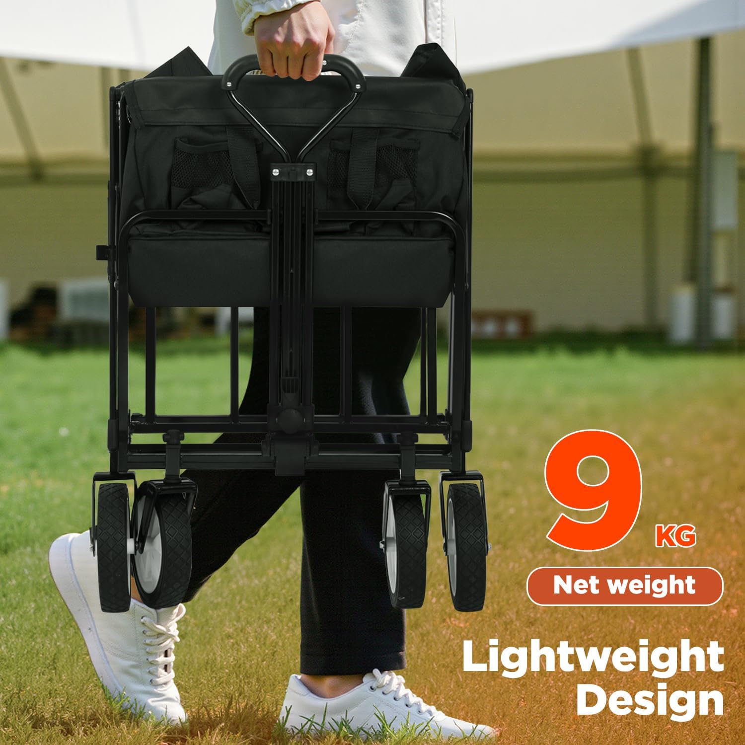 PayLessHere | Collapsible Wagon Cart with Wheels | Black | Heavy Duty Foldable Utility Cart with 330 lb Capacity | with All-Terrain Wheels & Adjustable Handle for Outdoor, Garden, Beach, Shopping