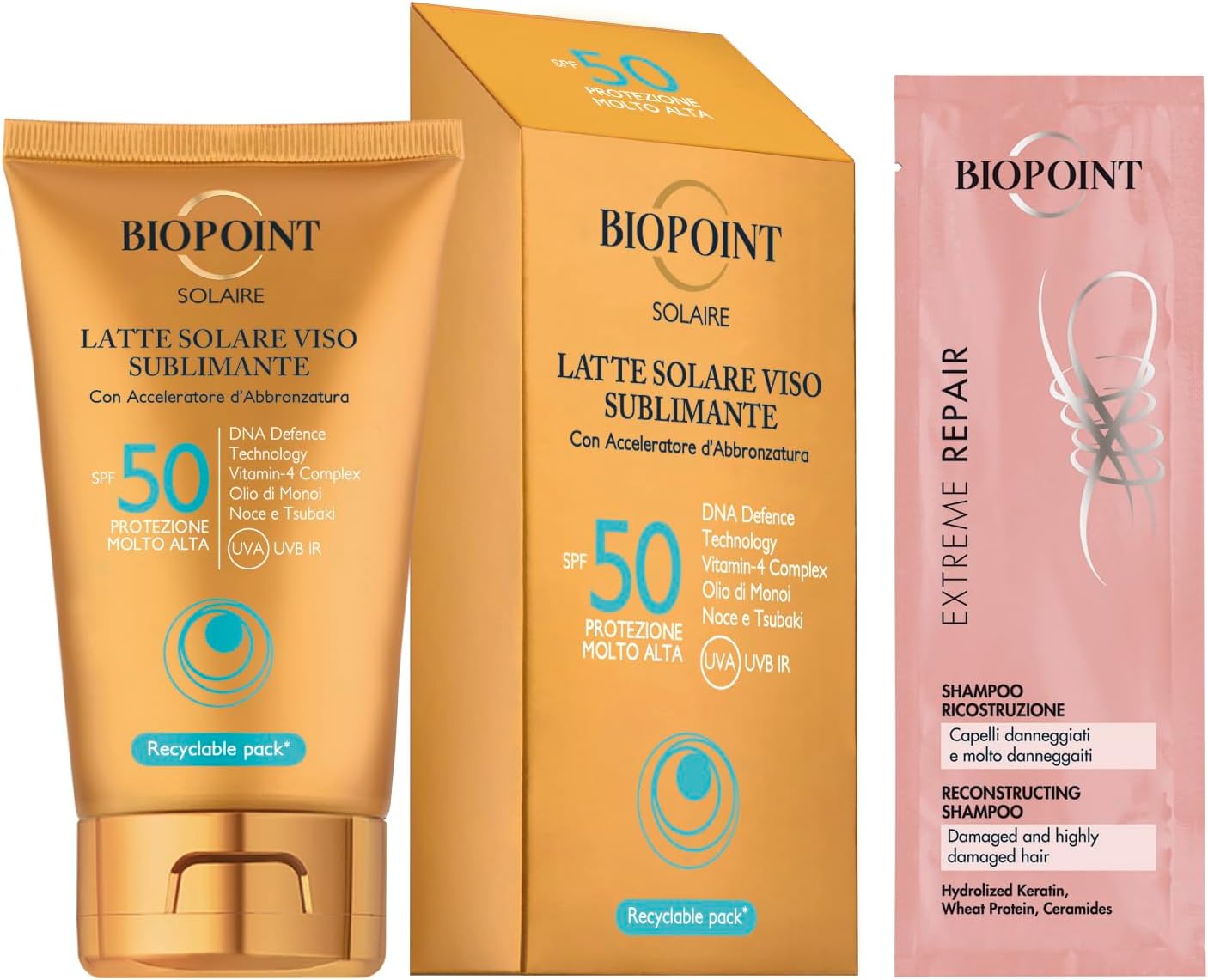 Biopoint Solaire - Latte Solare Viso Sublimante SPF 50, con Acceleratore di Abbronzatura, Azione Antiossidante e Idratante, 50 ml con Campioncino Shampoo Extreme Repair 10ml