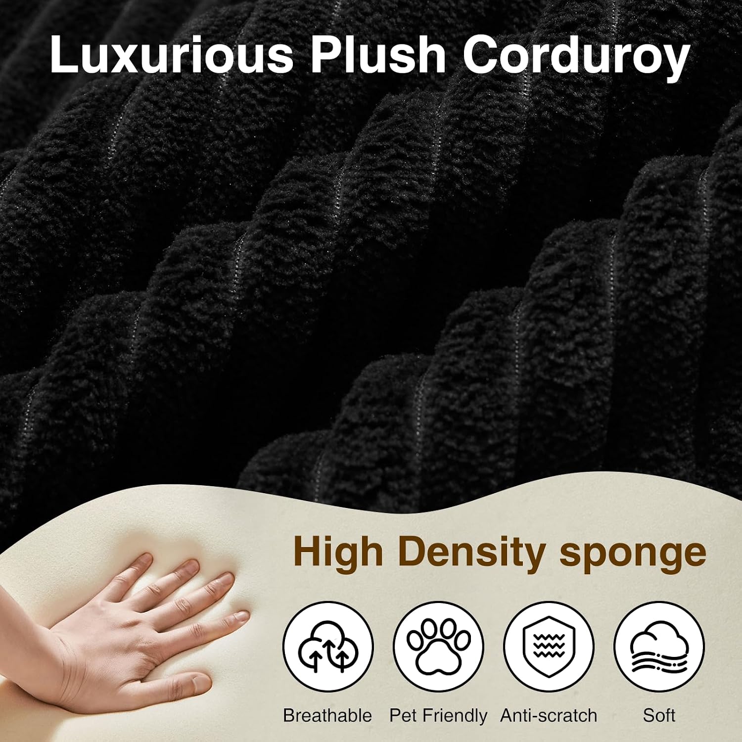 83" W Corduroy Boneless Sofa, Sofa in a Box with Extra Deep Seats, Memory Foam Sofa with 3 Pillows for Living Room, Bedroom, Apartment, No Assembly Required, Black