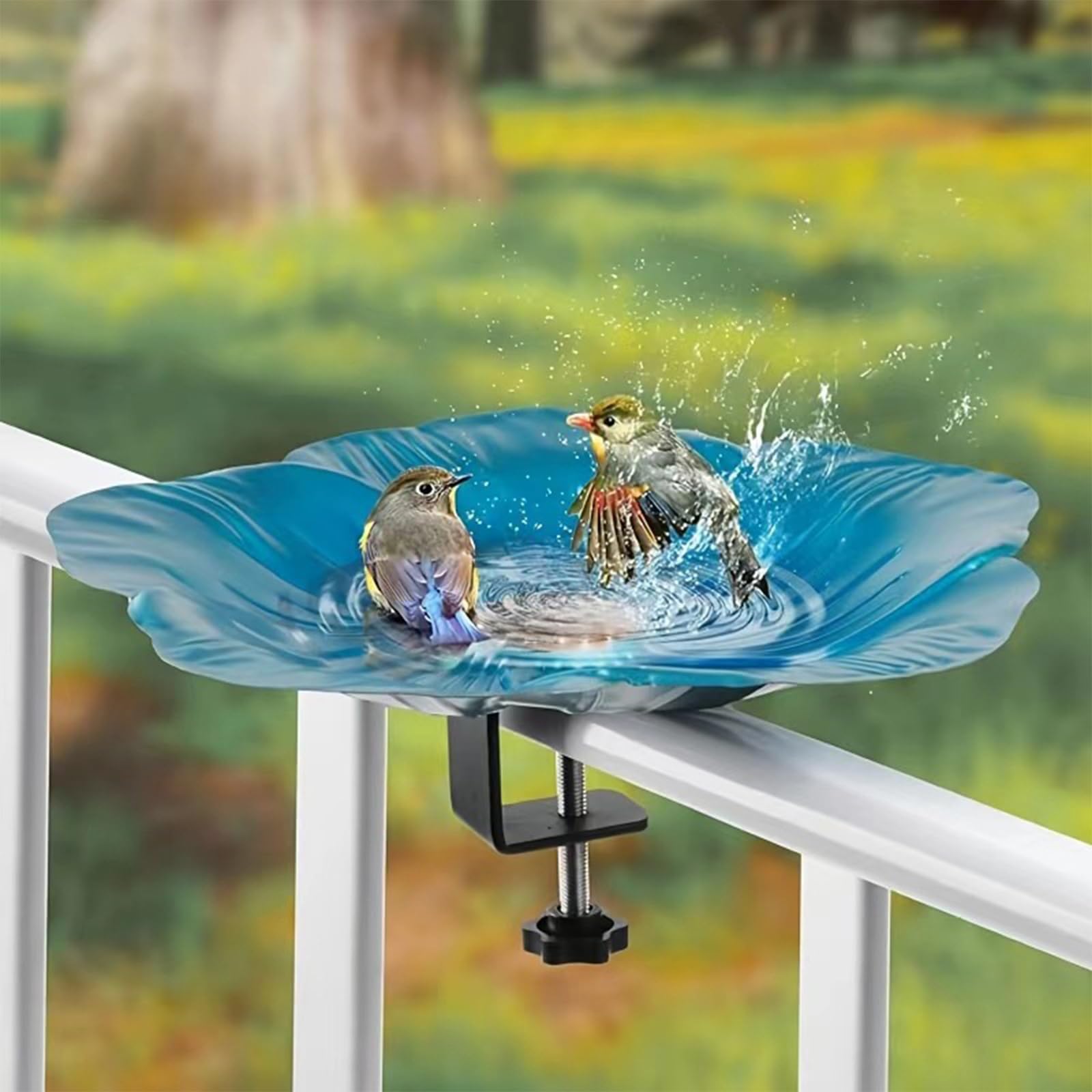 Abbeveratoio per uccelli in piedi blu – 32 x 32 x 5 cm – Abbeveratoio da giardino – per esterni, balcone e soluzione resistente al gelo e all'inverno – in metallo – Un ottimo regalo per gli