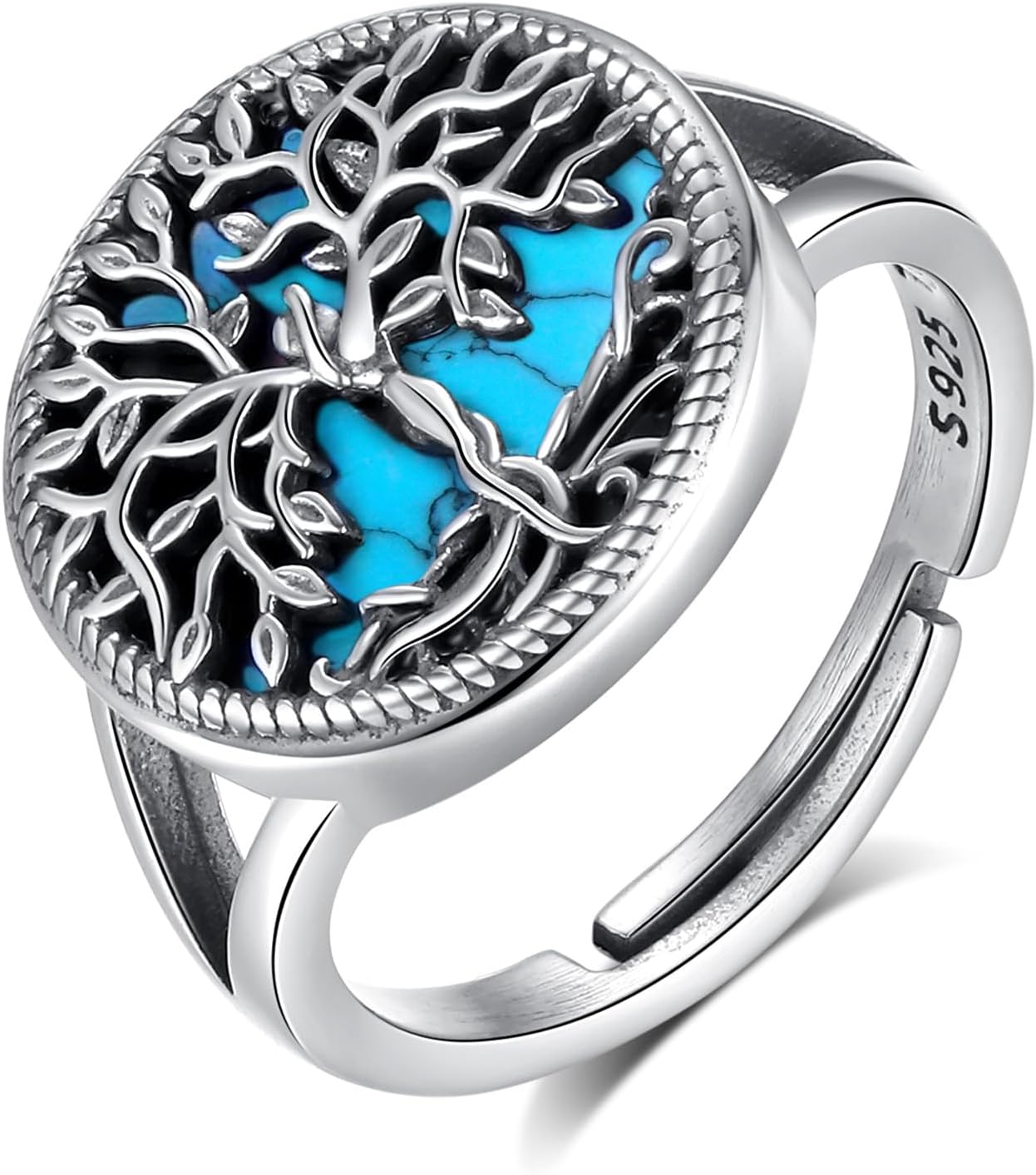EUDORA S925 Sterling Silver Tree of Life Ring Mother Tree Turquoise Abalone Rings for Women Mom, Vintage Tree of Life Adjustable Ring Jewelry Mother's Day Gifts for Women Mother Mom Wife