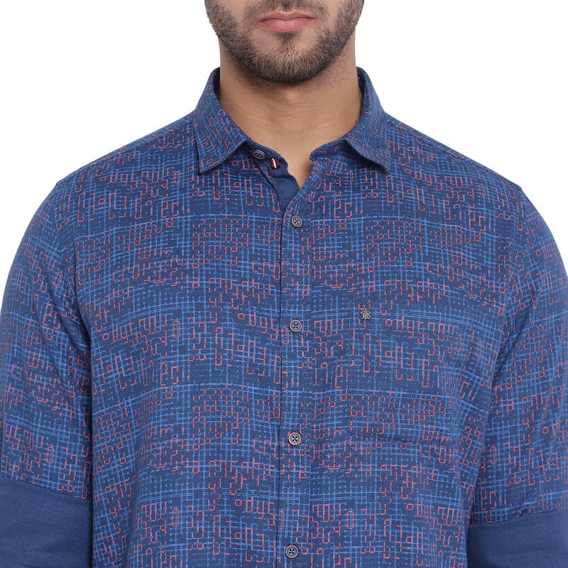 Image of Turtle Men Blue Cotton Printed Slim Fit Casual Shirts