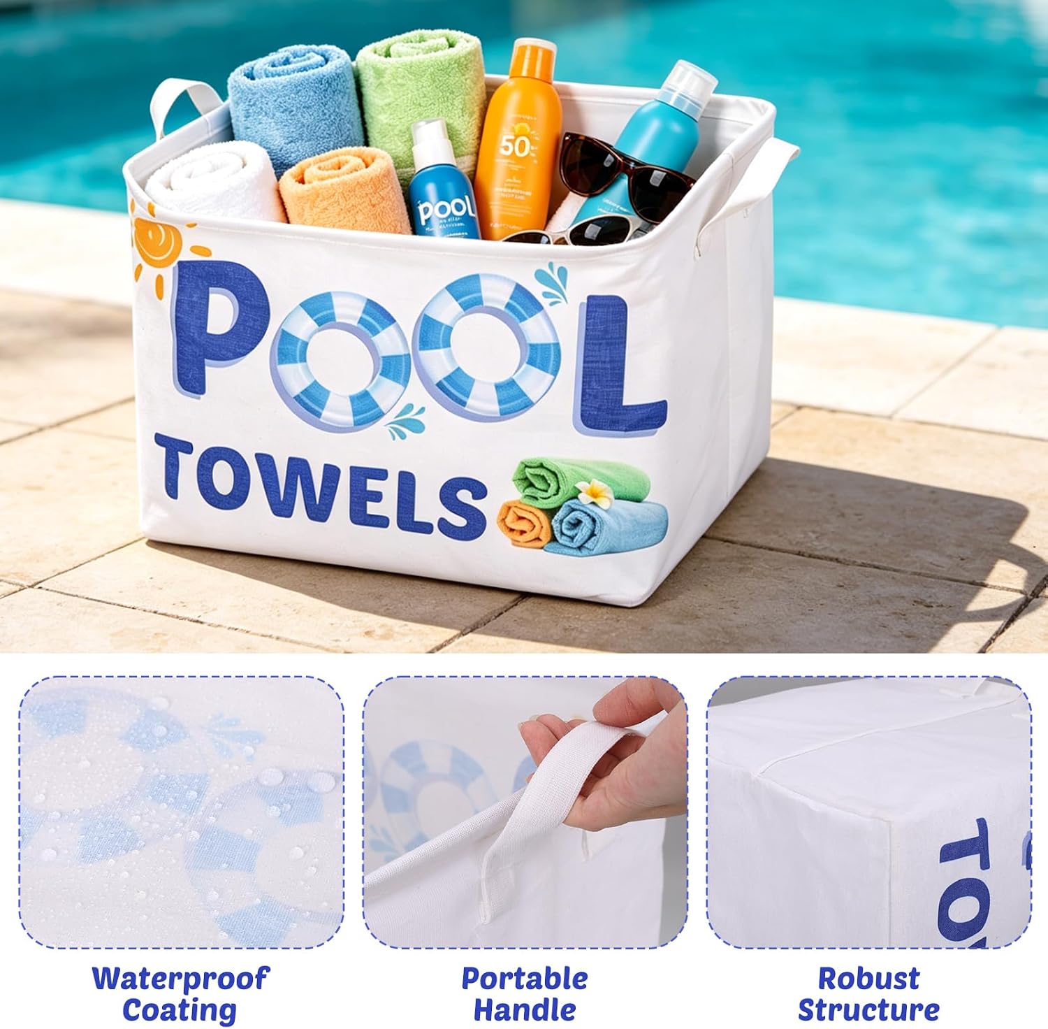 2Pcs Pool Towel Storage Basket Bin and Organizer, Large Sunscreen Storage Basket Waterproof Canvas Cube with Handle Beach Pool Accessories for Outdoor Summer Clothes Books Toys Organization