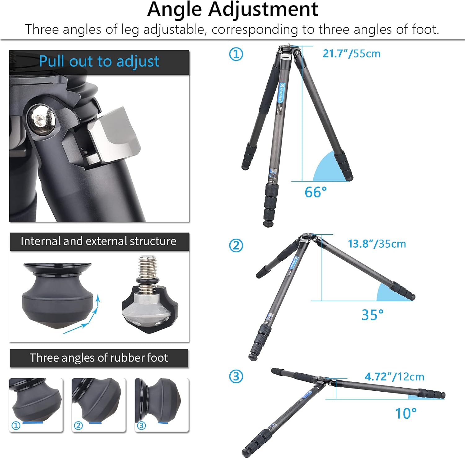 ARTCISE Carbon Fiber Camera Tripod - Heavy Duty Professional Travel Tripod Without Ballhead, Monopod for DSLR Camera, Video Camcorder, Max Load 44lb/20kg