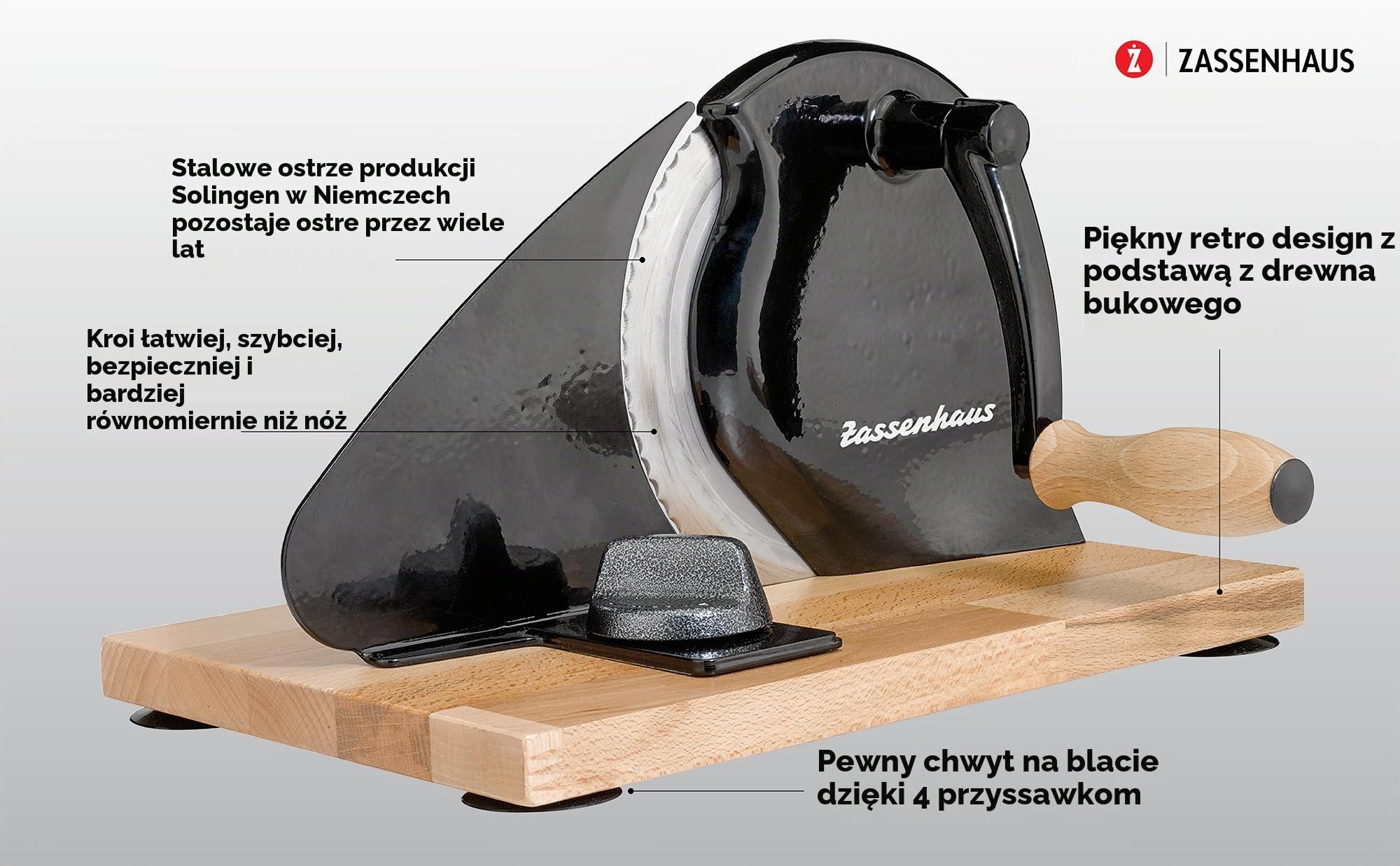 Zassenhaus Ręczna krajalnica do chleba Classic, szara, stal Solinger, grubość cięcia: 1-18 mm, deska i korba z drewna bukowego, 30 × 25,5 × 19 cm :