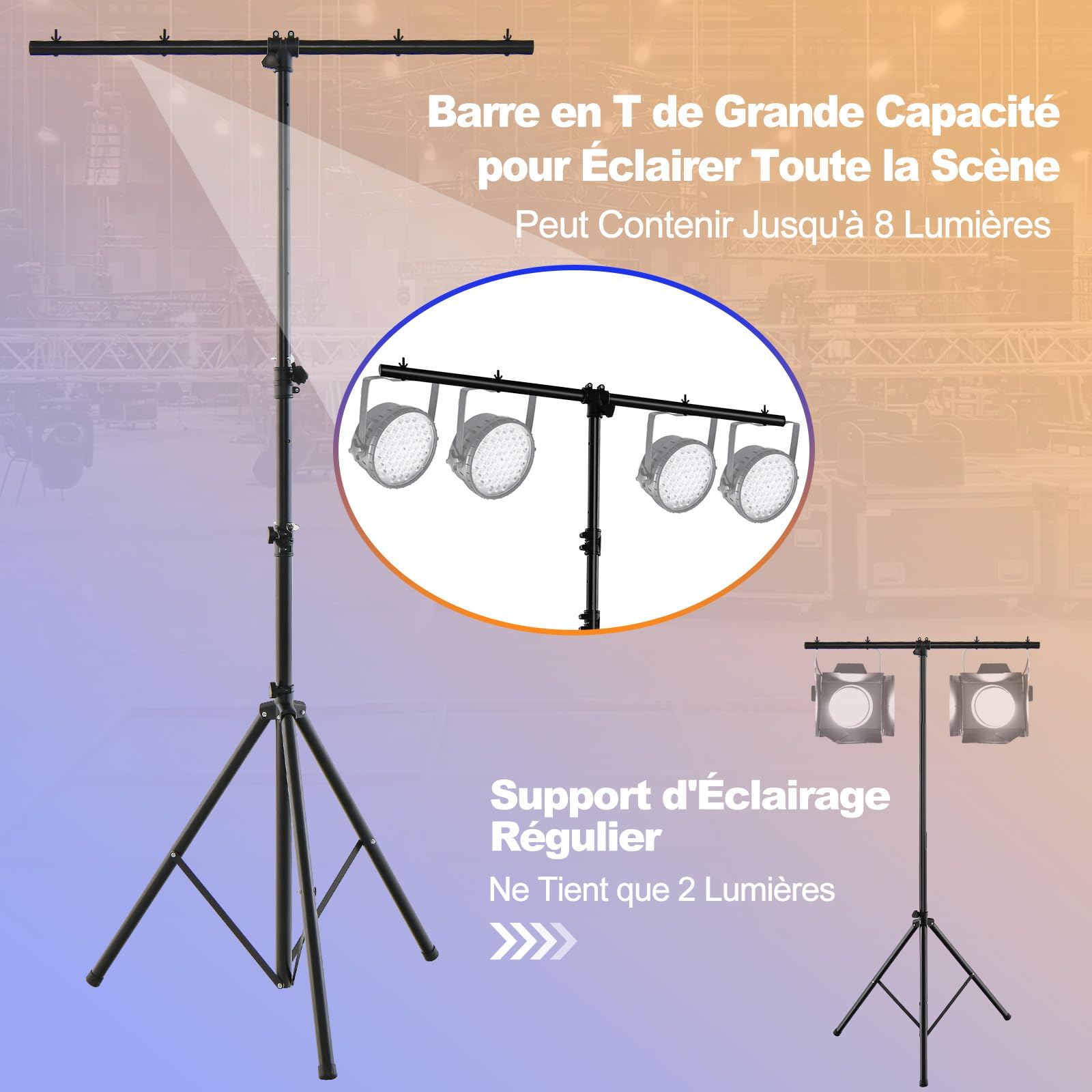 COSTWAY Support d'Éclairage LED avec Hauteur Réglable 180 à 350 cm Charge 100KG, Support de Lumière Trépied Portable avec barre en ‘T’, pour Scène Concerts Théâtres Cérémonies Fêtes