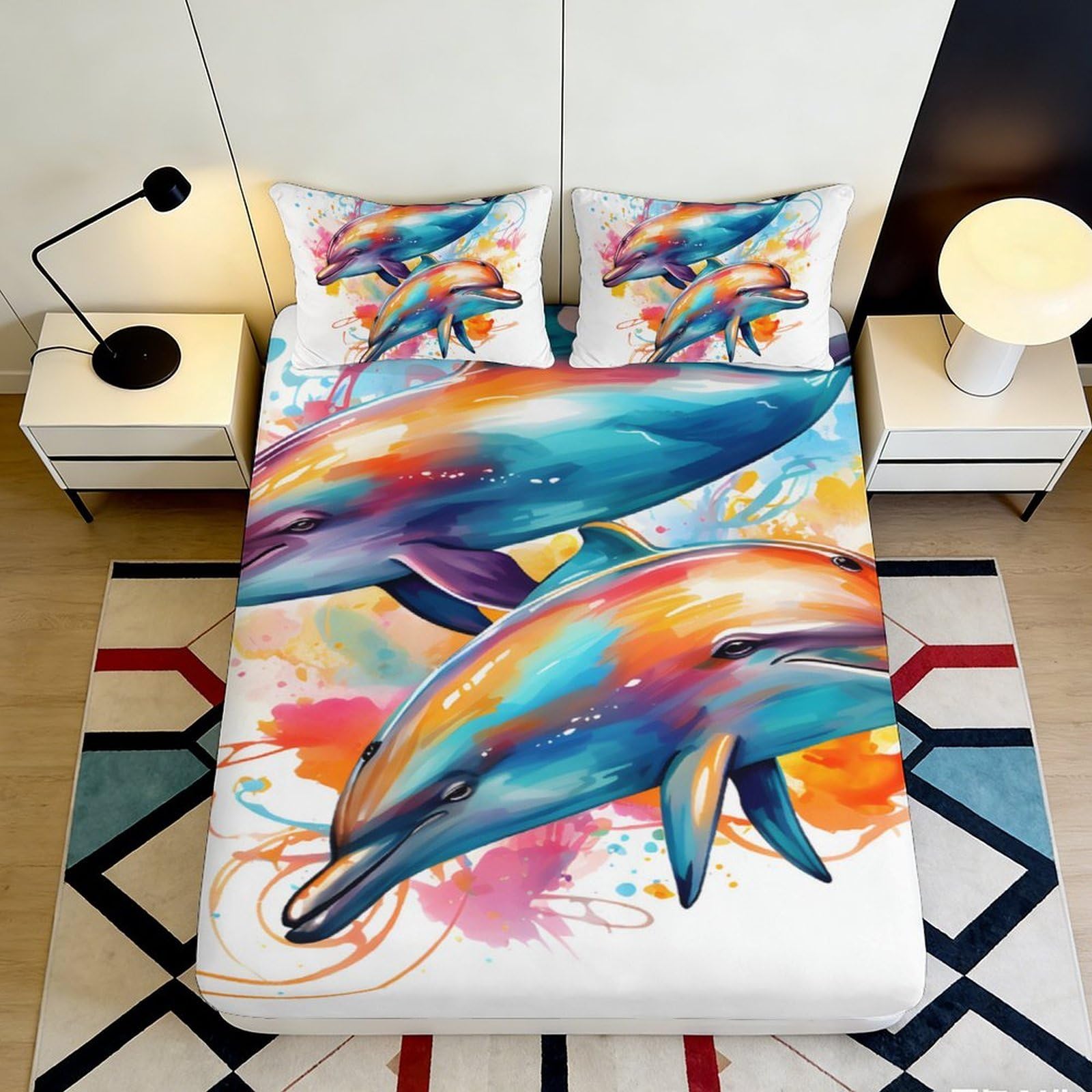 3D Printed Colorful Dolphin Fitted Sheet Microfiber Mattress Cover Anti-Slip Machine Washable for Bedroom Guest Room 180x200x25cm