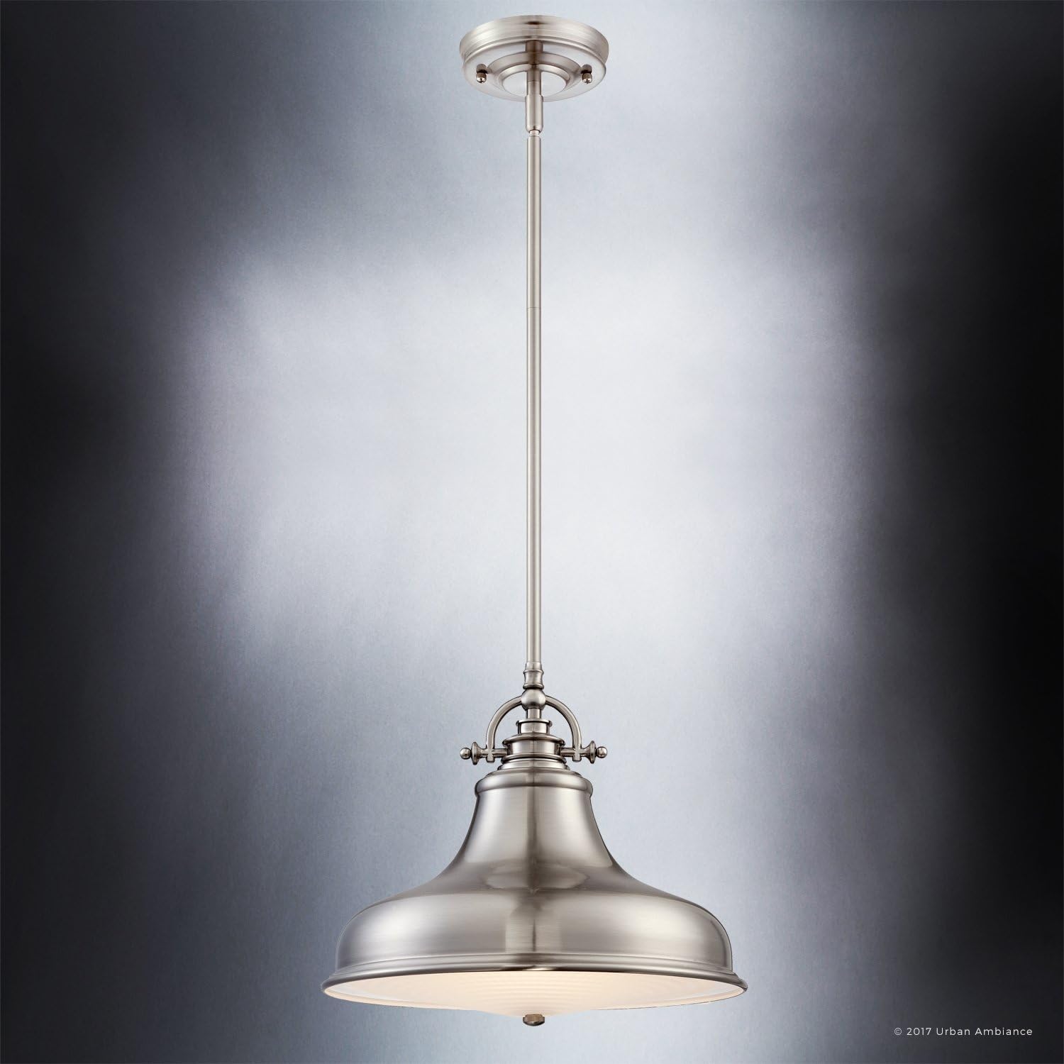 Urban Ambiance Luxury Industrial Hanging Pendant Light, Medium Size: 11.5" H x 13.5" W, with Americana Style Elements, Nostalgic Design, Pretty Brushed Nickel Finish and Steel Shade, UQL2286