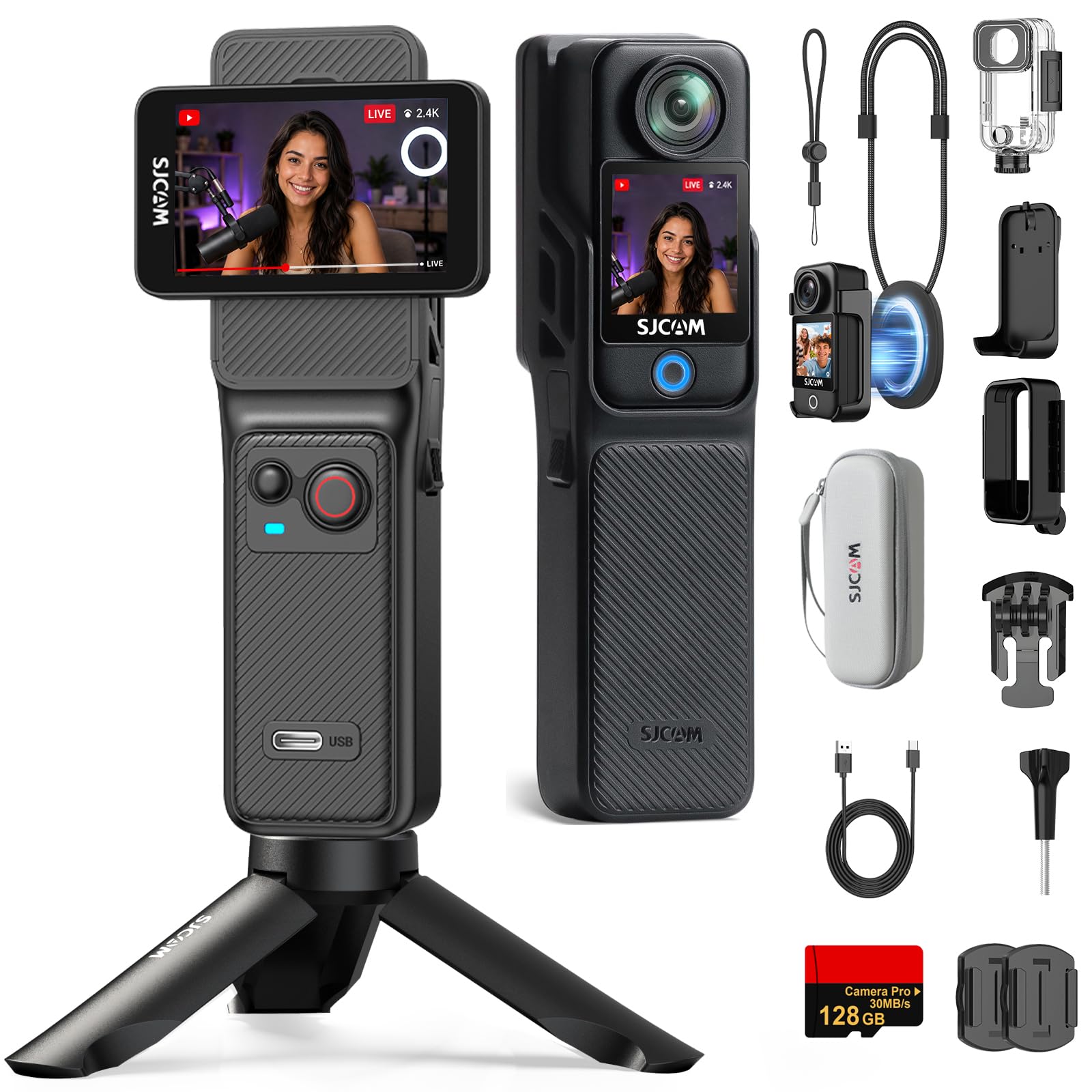 SJCAM C400 ブロギングカメラ|ポケットサイズ 4K アクションカメラ|7時間連続録画 6軸手ブレ補正|2.29インチタッチスクリーン|30m防水 ボディカメラ|YouTubeライブ配信対応 Vlog/旅行/スポーツ撮影用|128Gブランドカード|マグネットロープ|三脚|収納ケースです XYDL