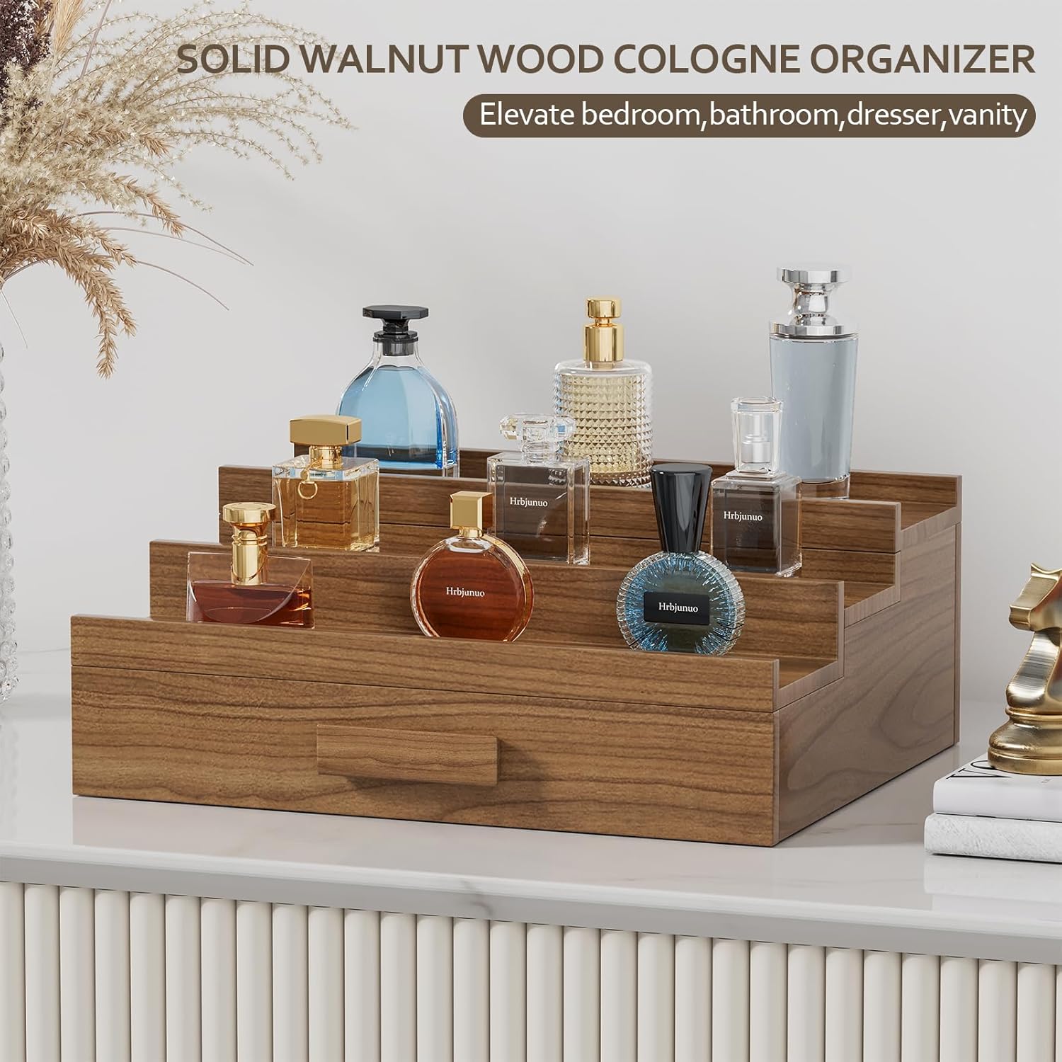 Solid Walnut Cologne Organizer for Men,3 Tier Cologne Stand,Wooden Cologne Holder Display Shelf with Drawer Storage and Hidden Compartment,Perfume Stand Organizer,Gift for Men Dad Husband