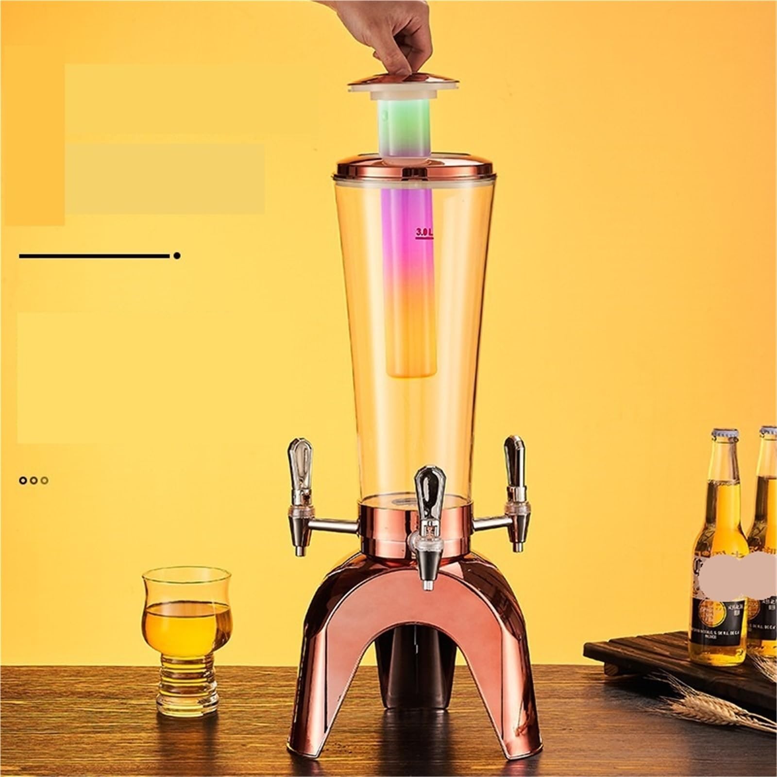 distributeurs de boissons Tour de bière 3L/100oz, distributeur de boissons avec Tube à glace et distributeur de boissons alcoolisées de table à trois robinets for fête verre(Champagne)