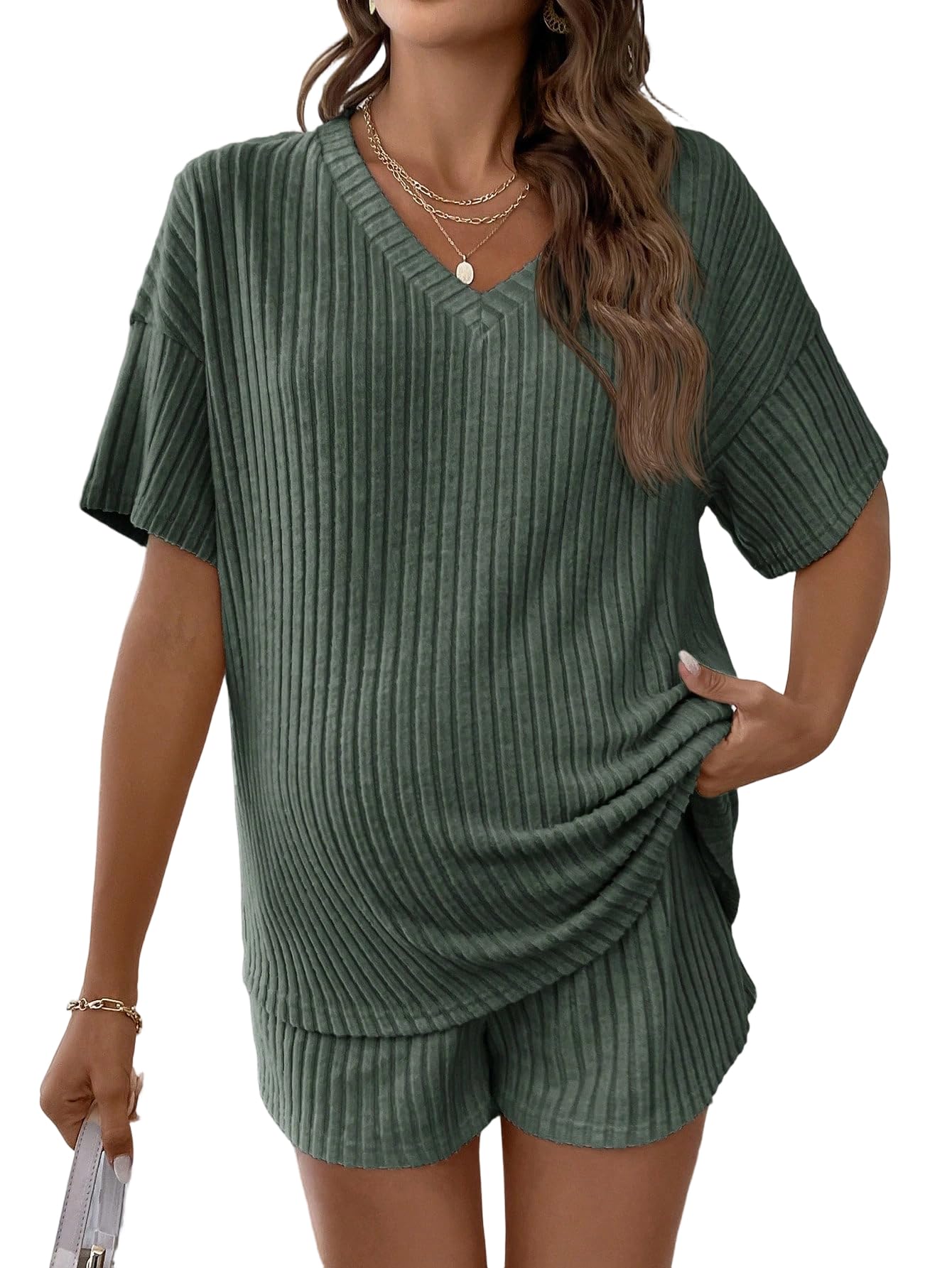 MakeMeChic Women's Maternity 2 Piece Sets Ribbed Shirt and Biker Shorts